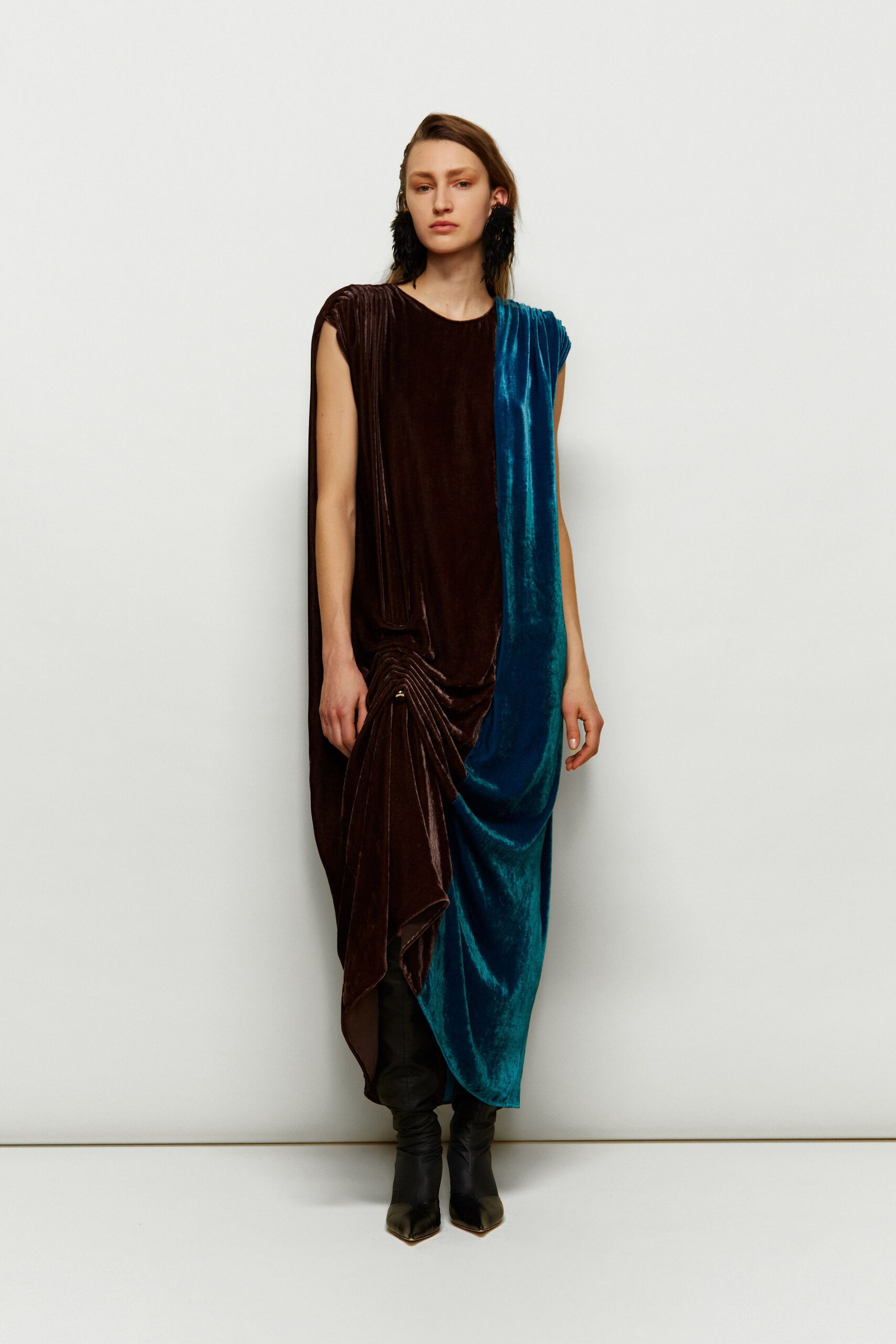 brown velvet sleeveless relaxed draped midi dress