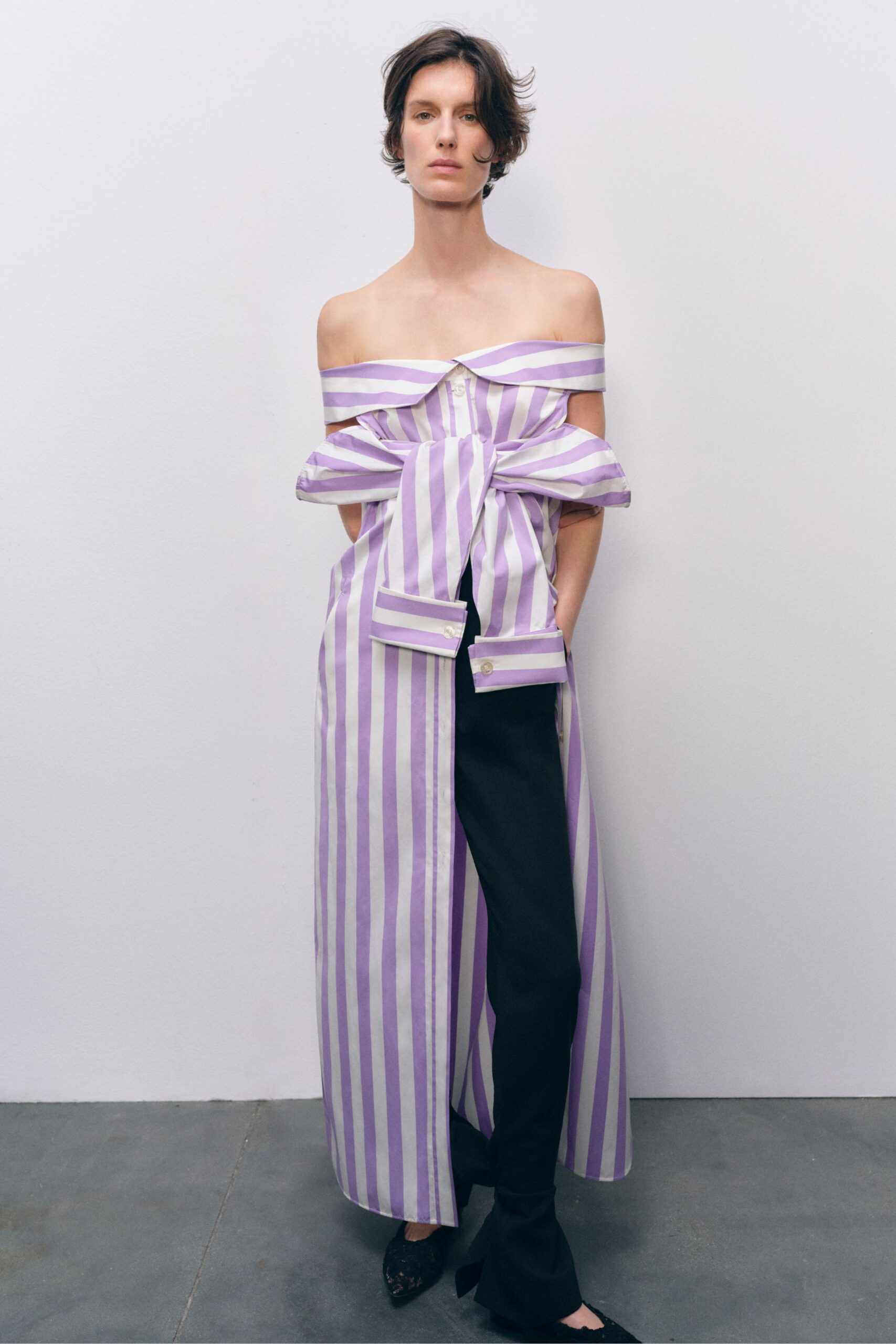 purple cotton off-shoulder fitted striped draped maxi dress