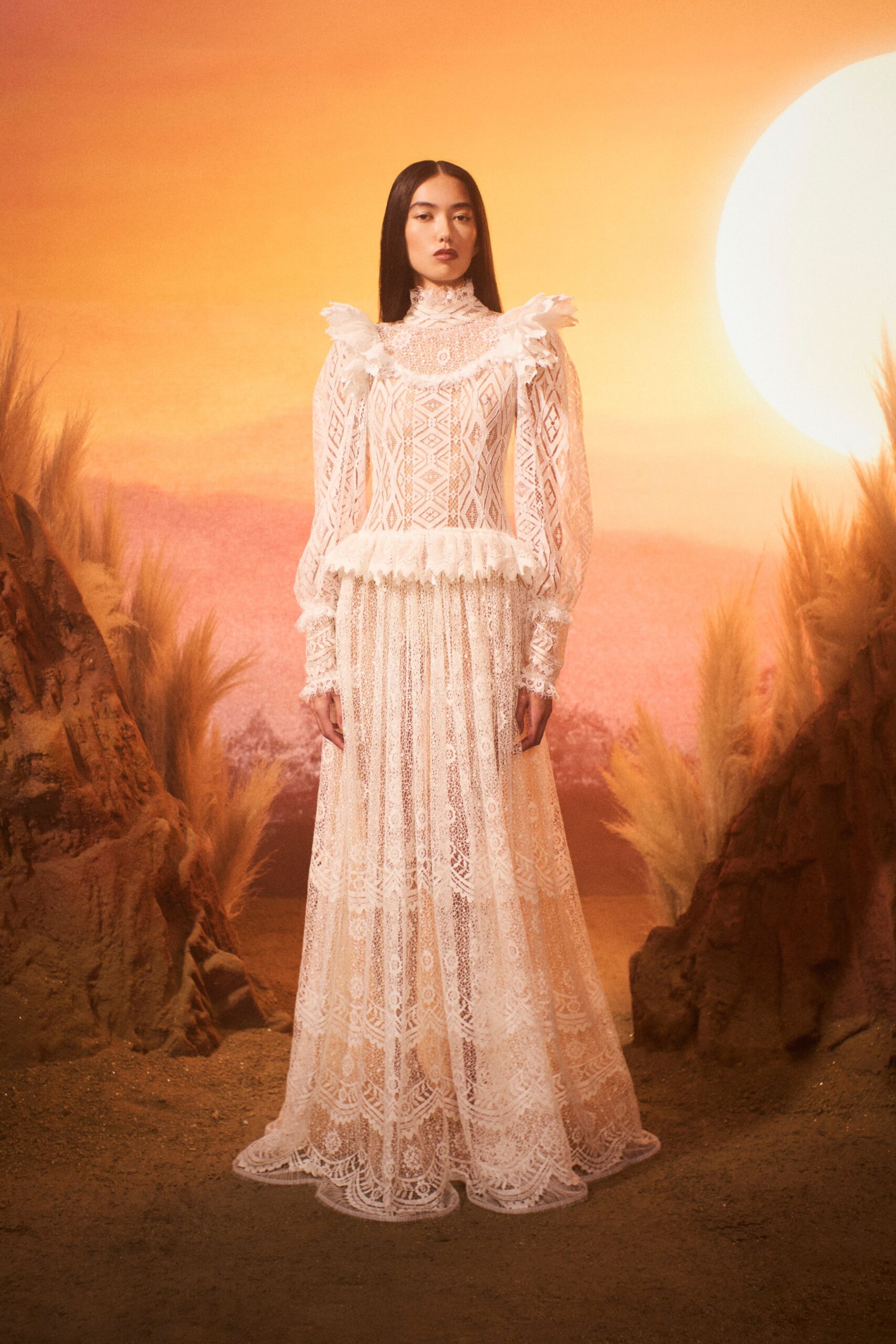 white lace long-sleeve gown