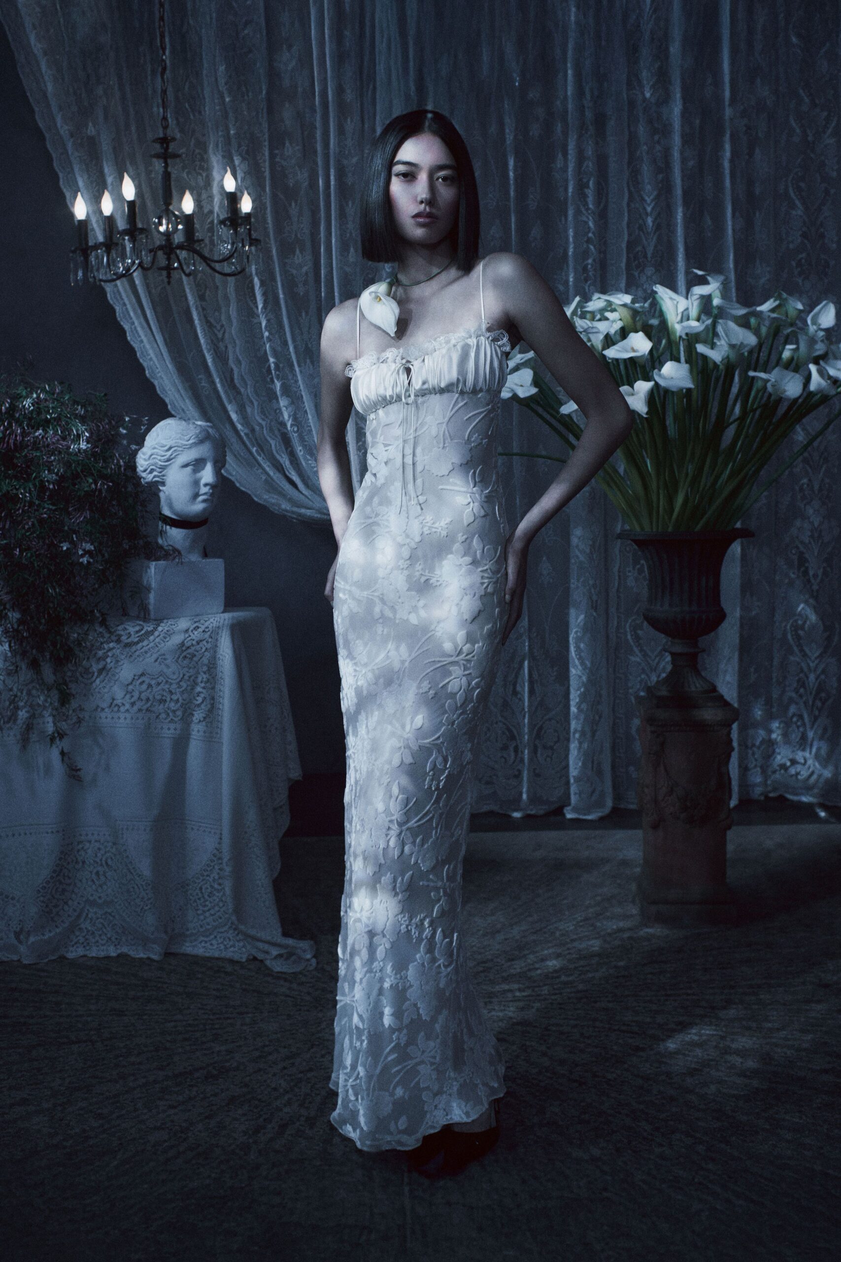 white silk embroidered gown