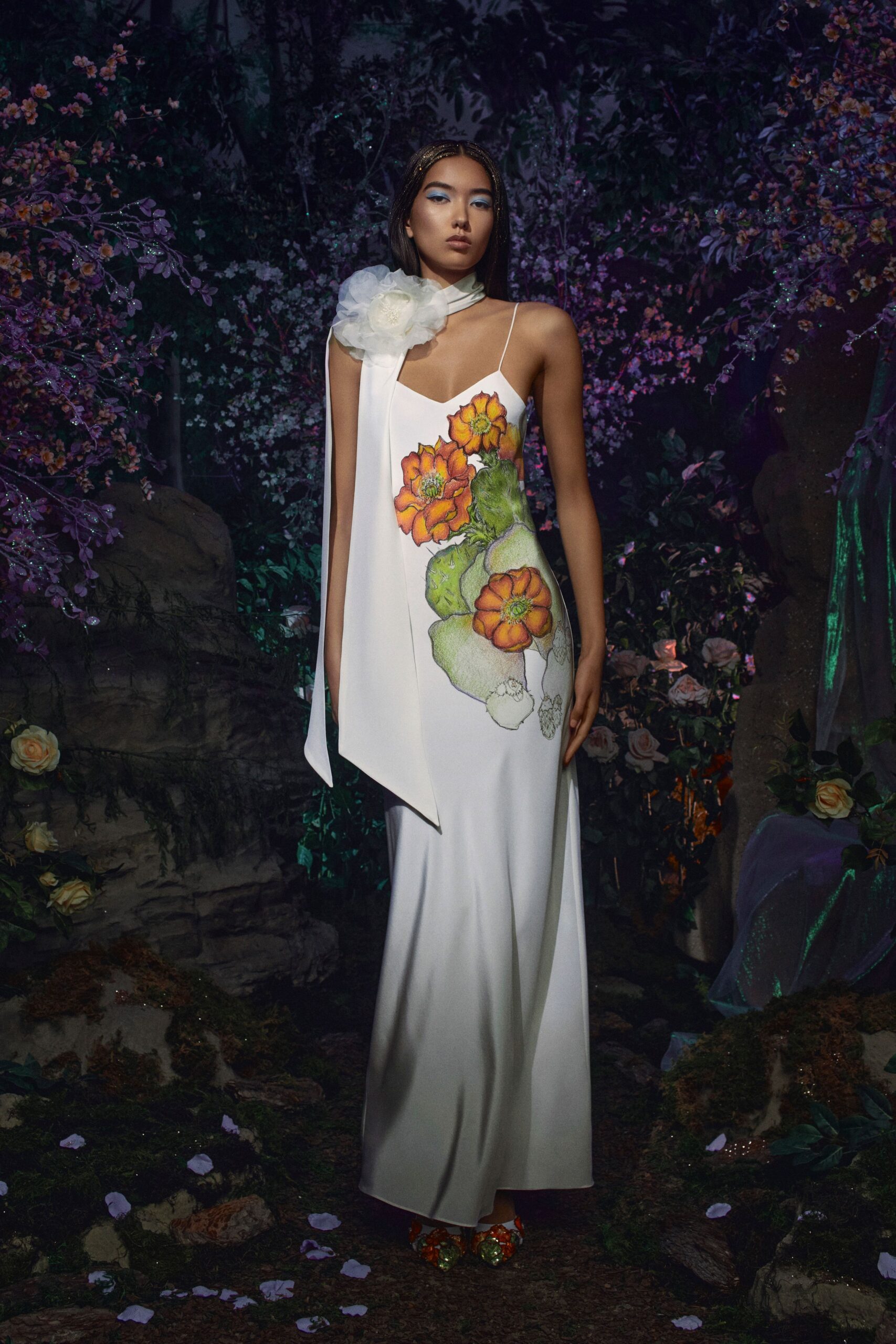 white silk floral gown