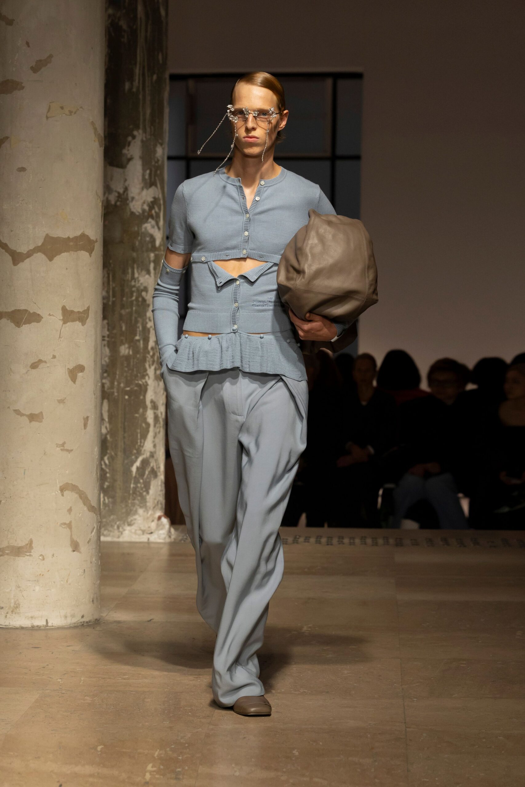 blue fitted top with relaxed pants