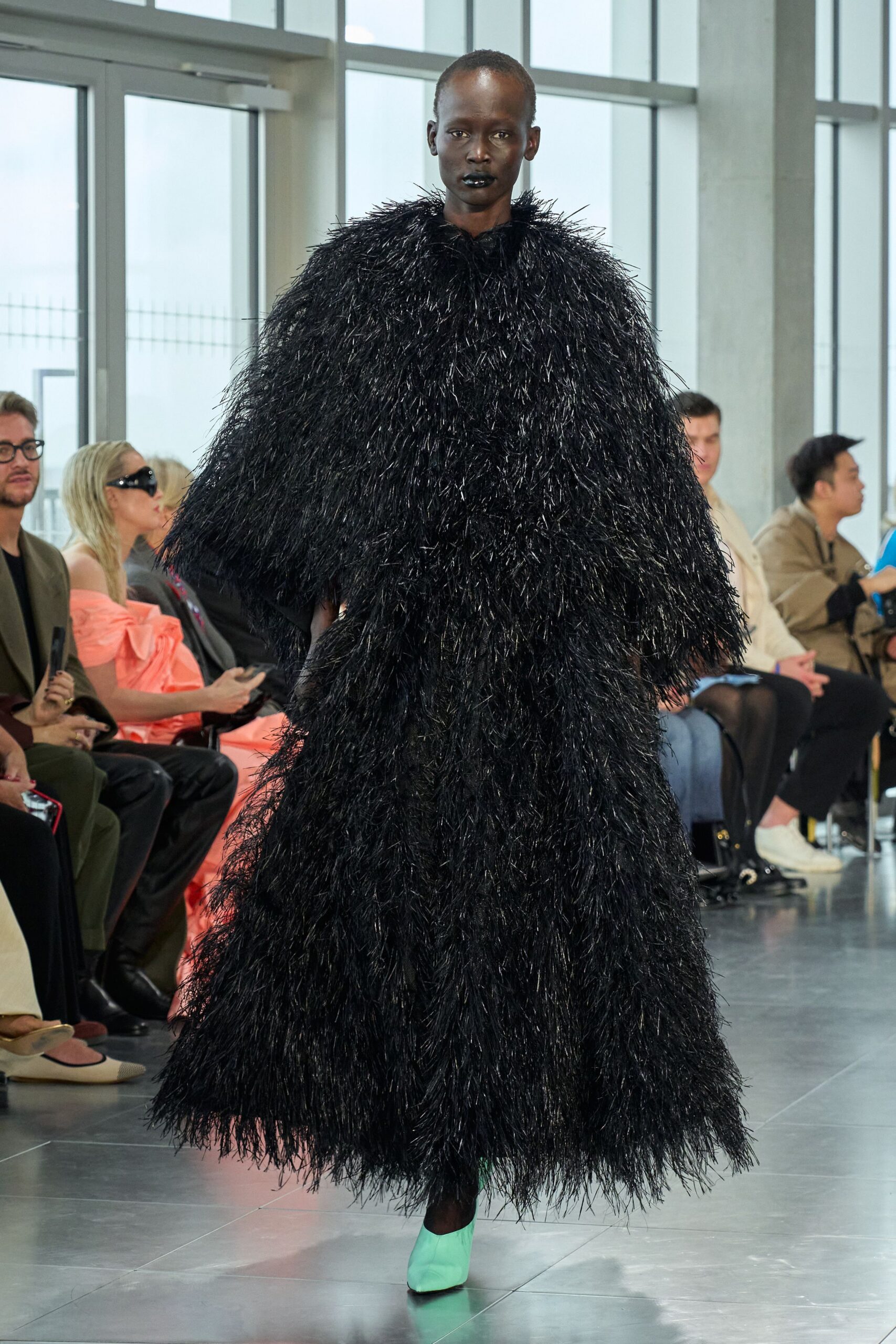 black fur long-sleeve relaxed fringed maxi coat