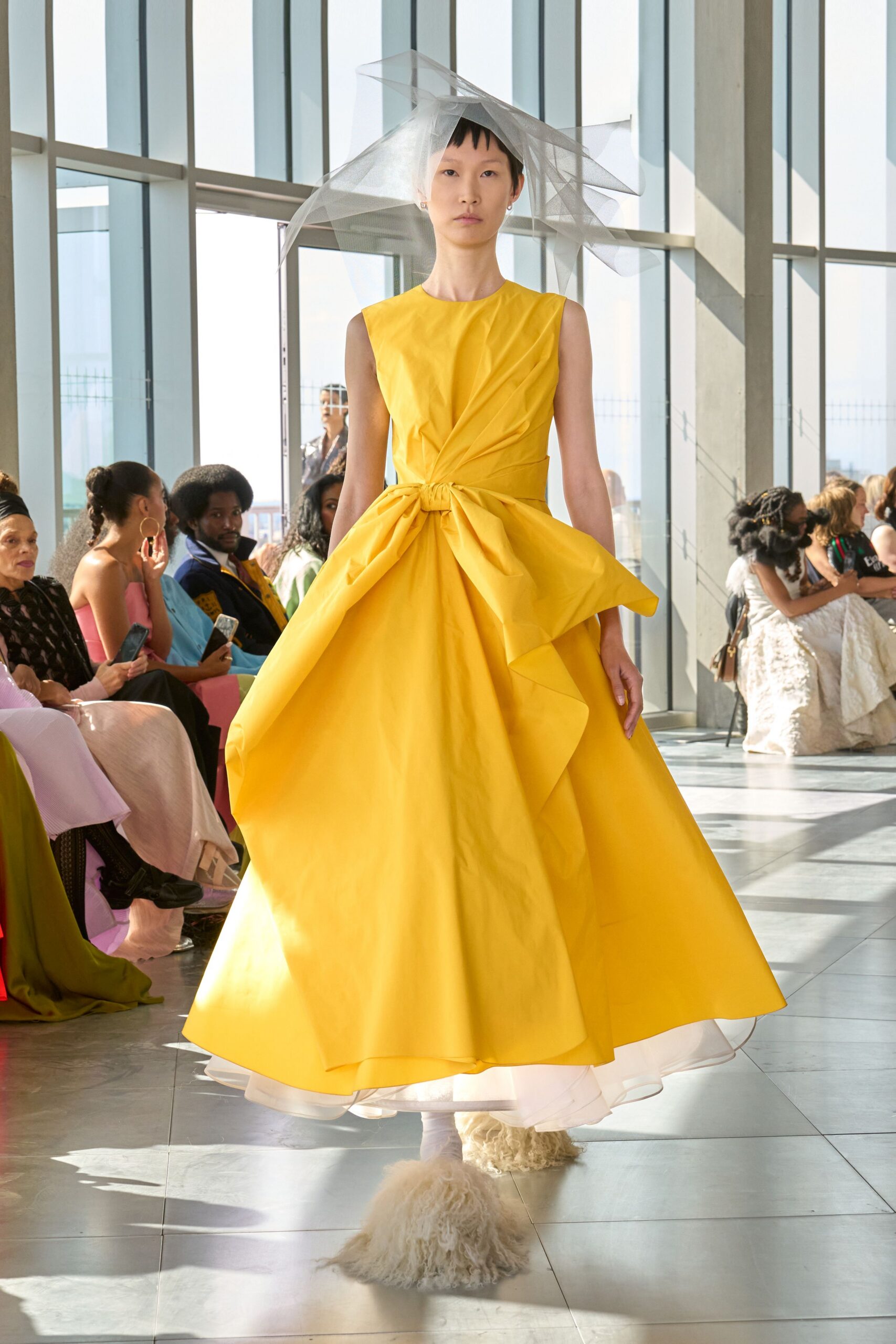 yellow fitted midi dress with hat