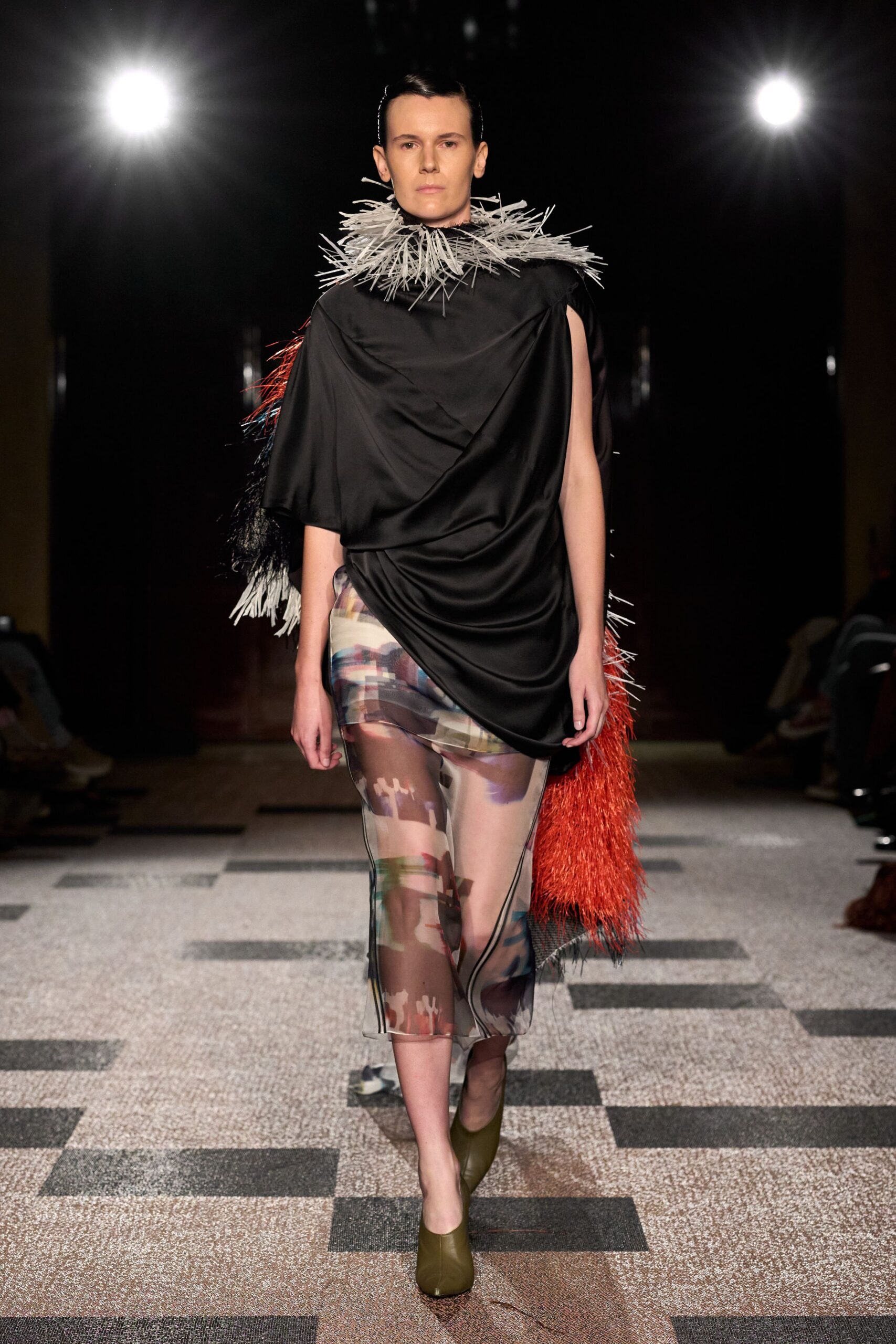 black silk sleeveless fitted draped layered flowing dress