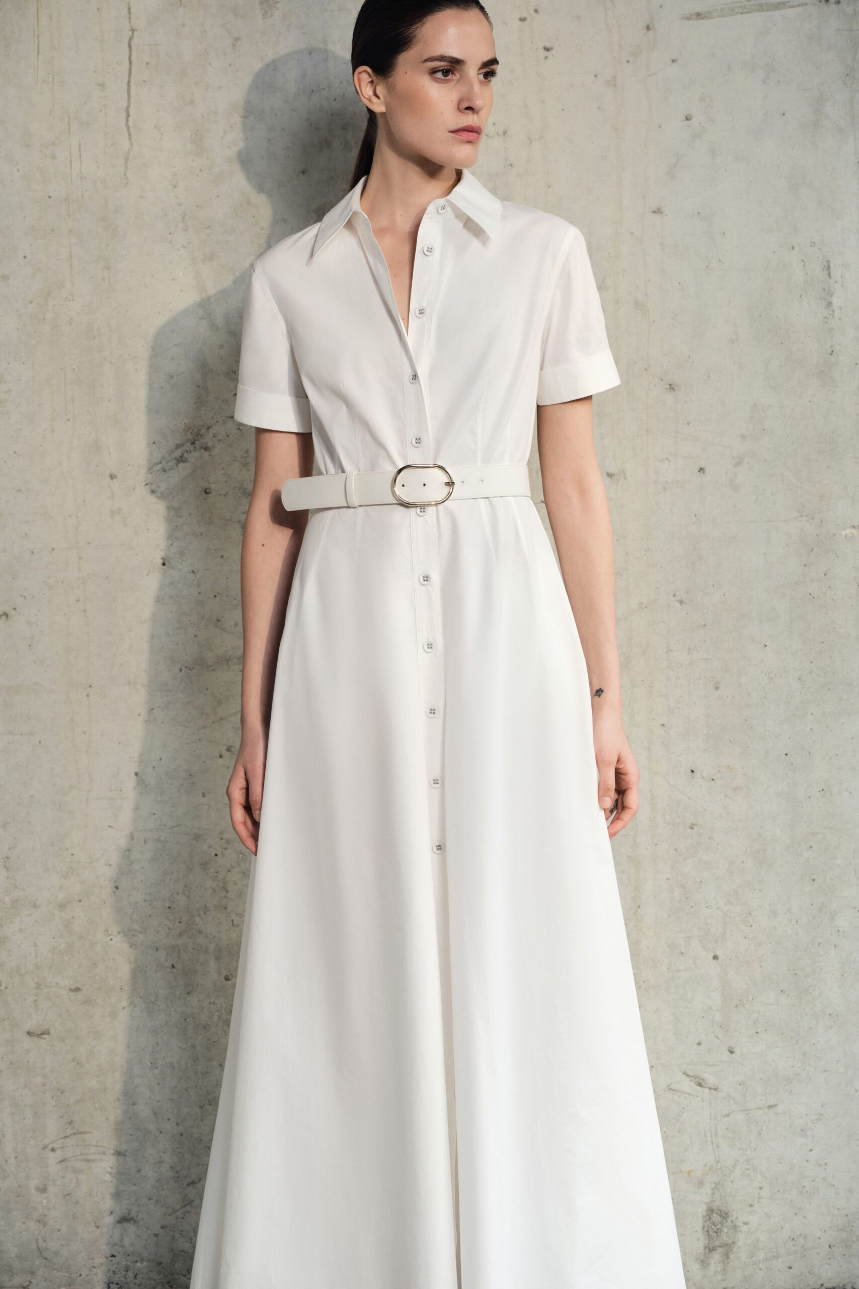 white cotton belted shirt-dress