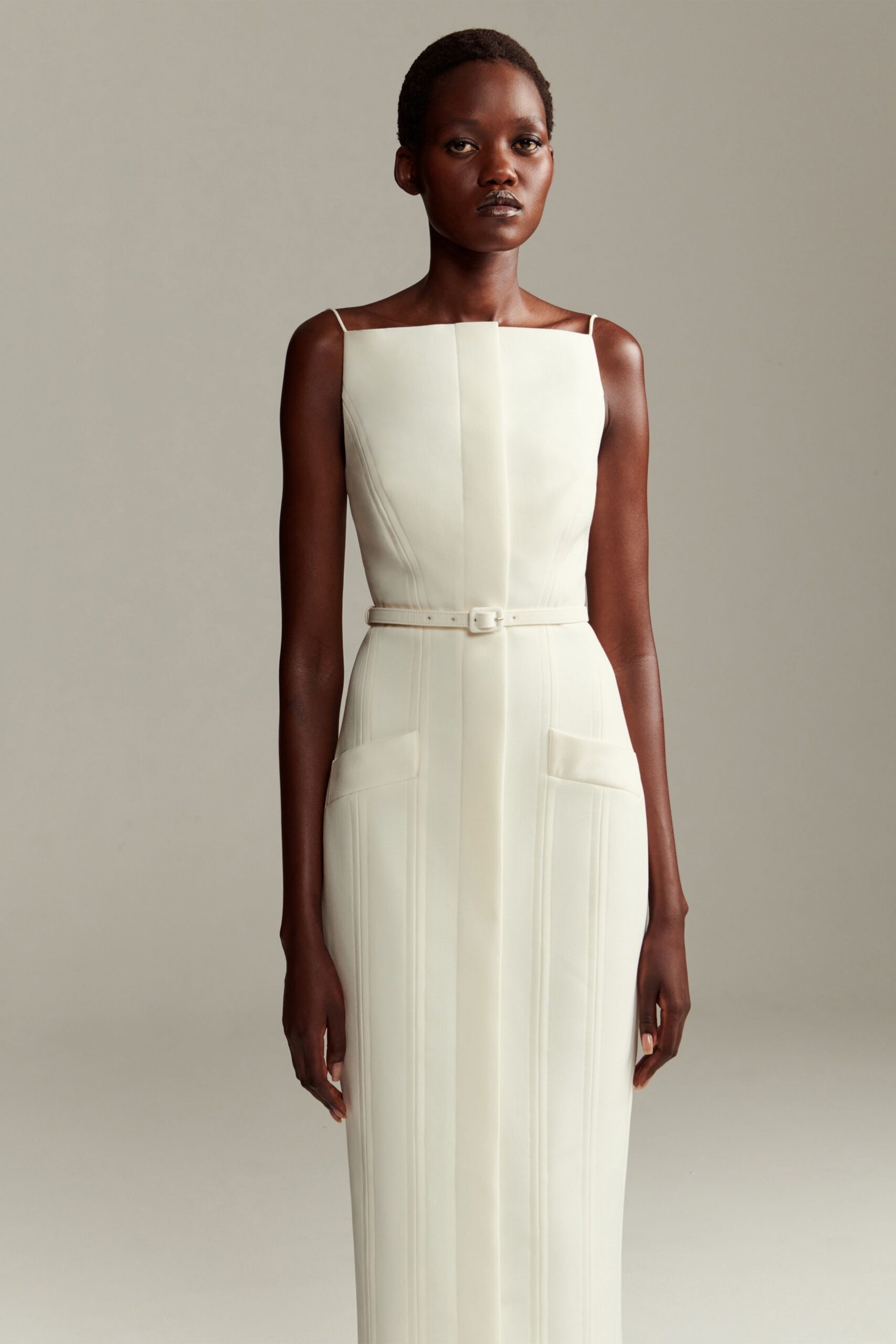 white silk sleeveless gown