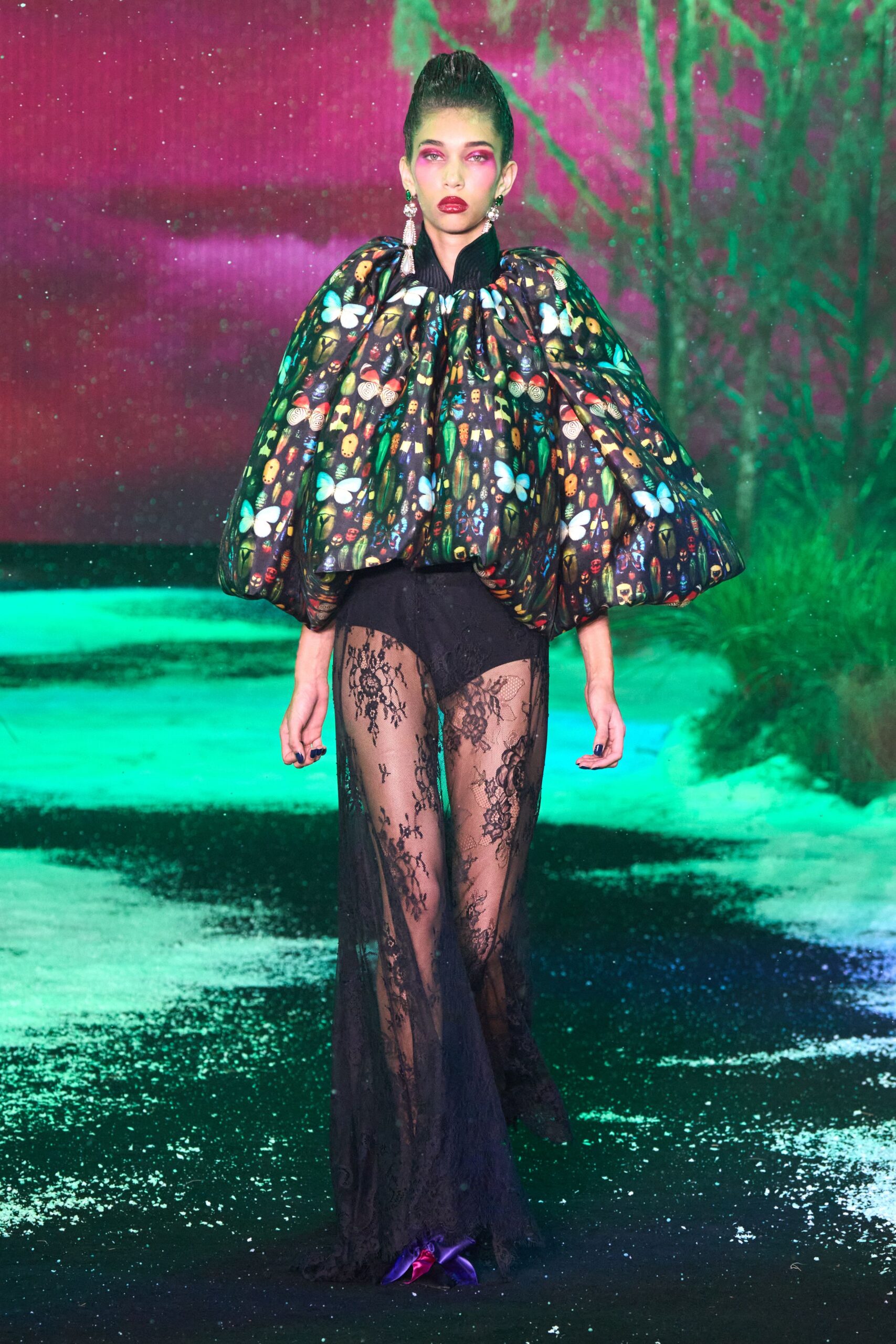multi silk long-sleeve collared oversized layered printed cape
