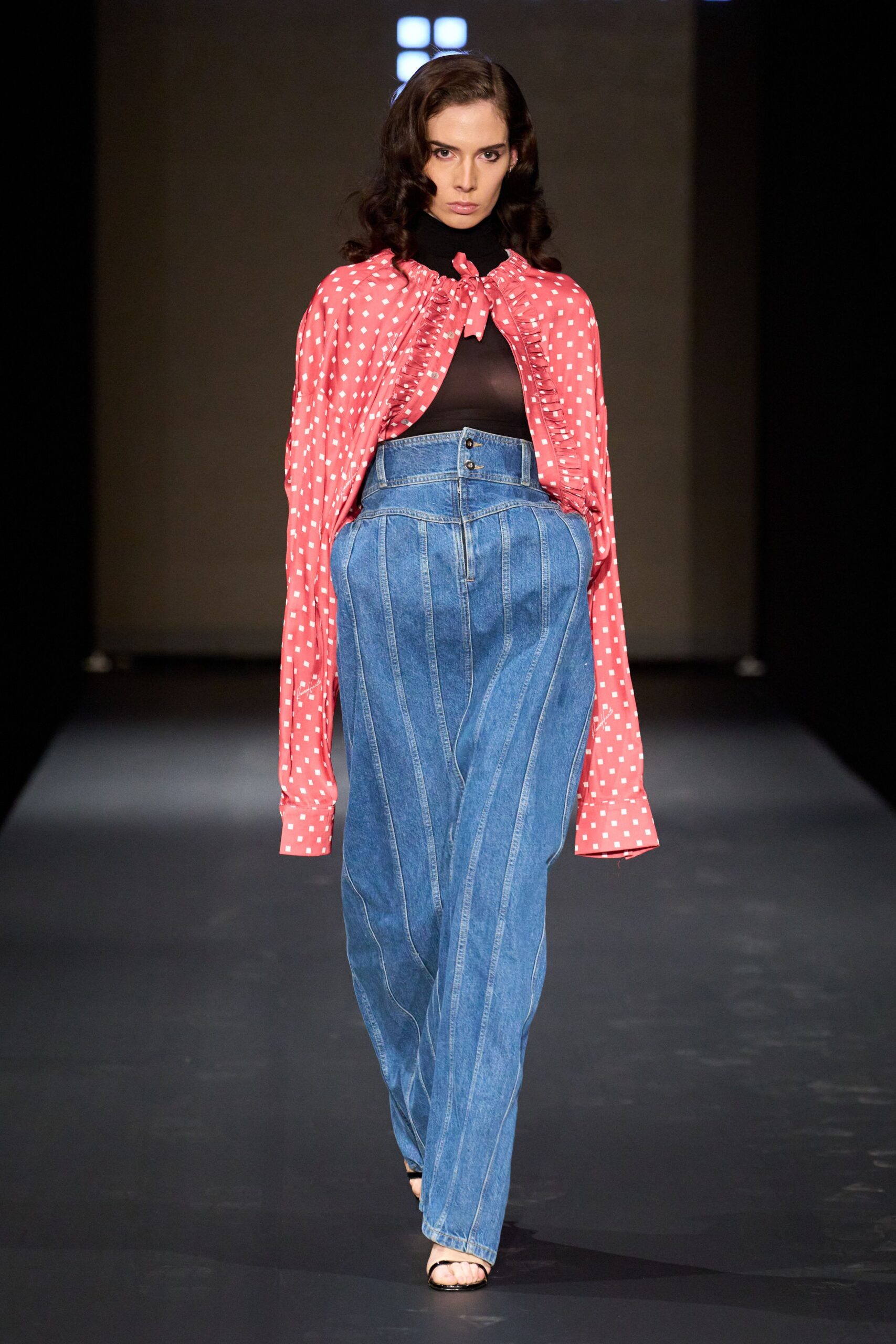 blue denim high-waisted wide-leg pants