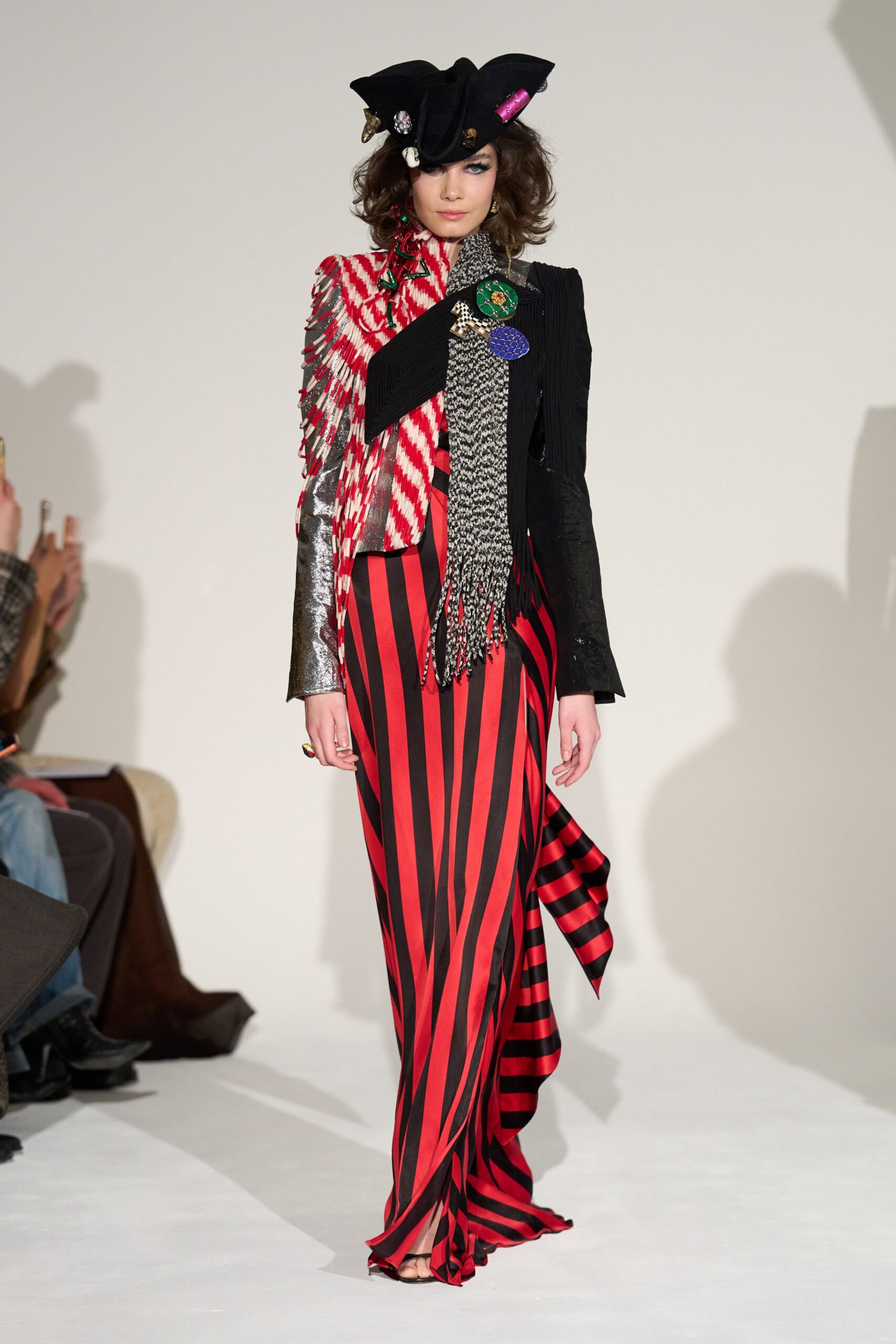 red silk long-sleeve v-neck fitted striped layered gown