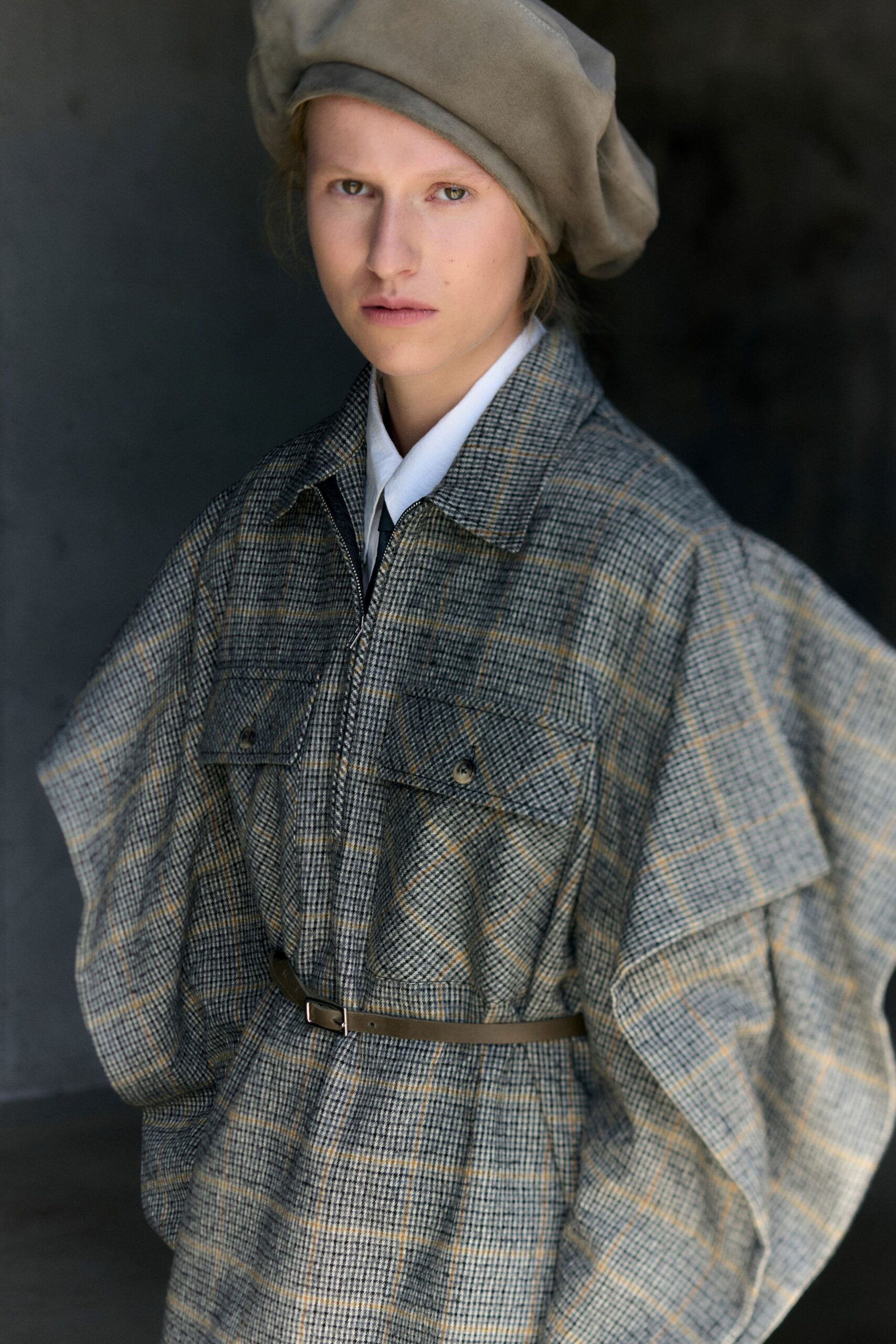 gray wool long-sleeve collared relaxed zippered checked coat