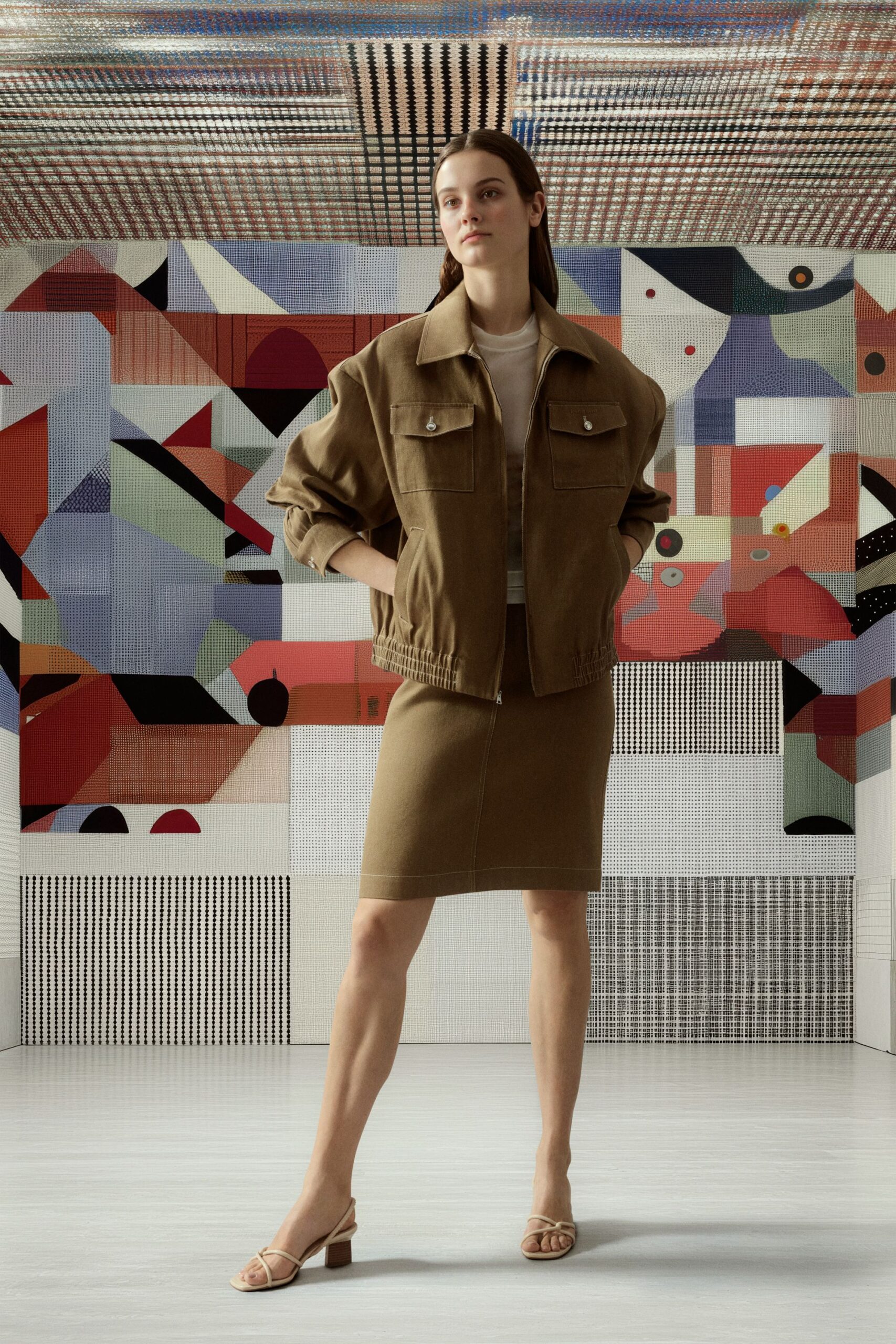 brown cotton jacket with pencil skirt