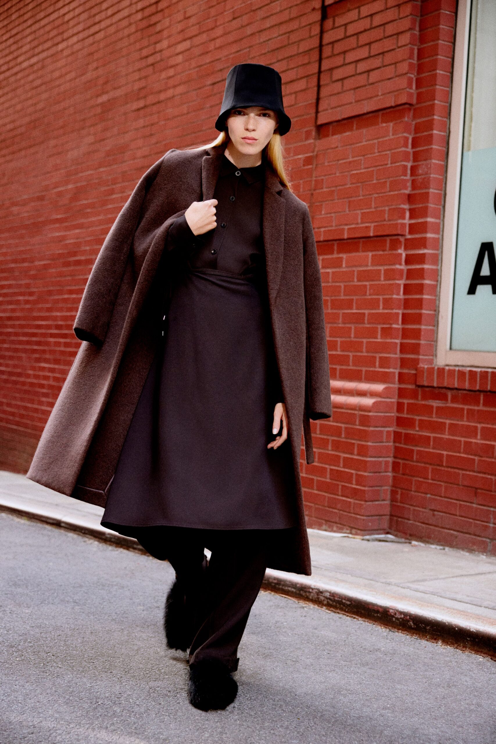 brown wool coat black dress