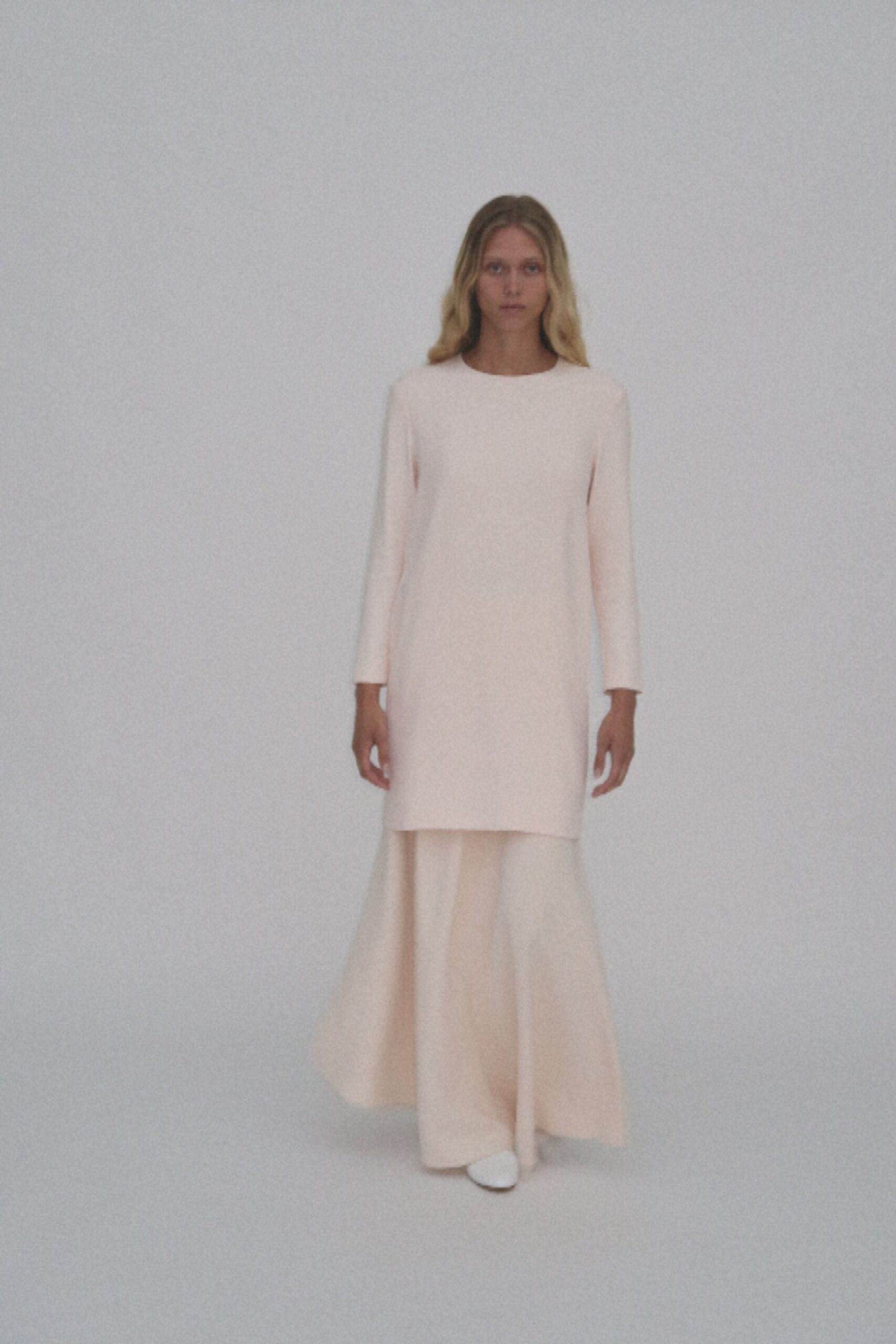 pink cotton long-sleeve collared fitted straight-leg maxi dress