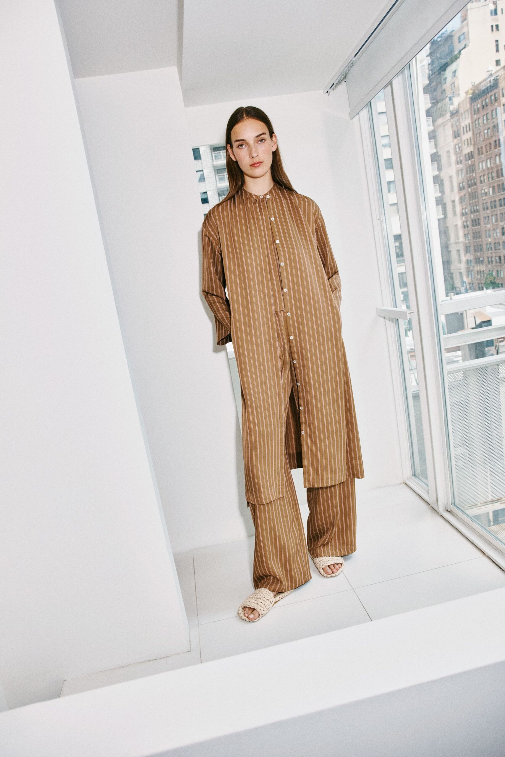 brown cotton long-sleeve collared relaxed striped midi shirt-dress