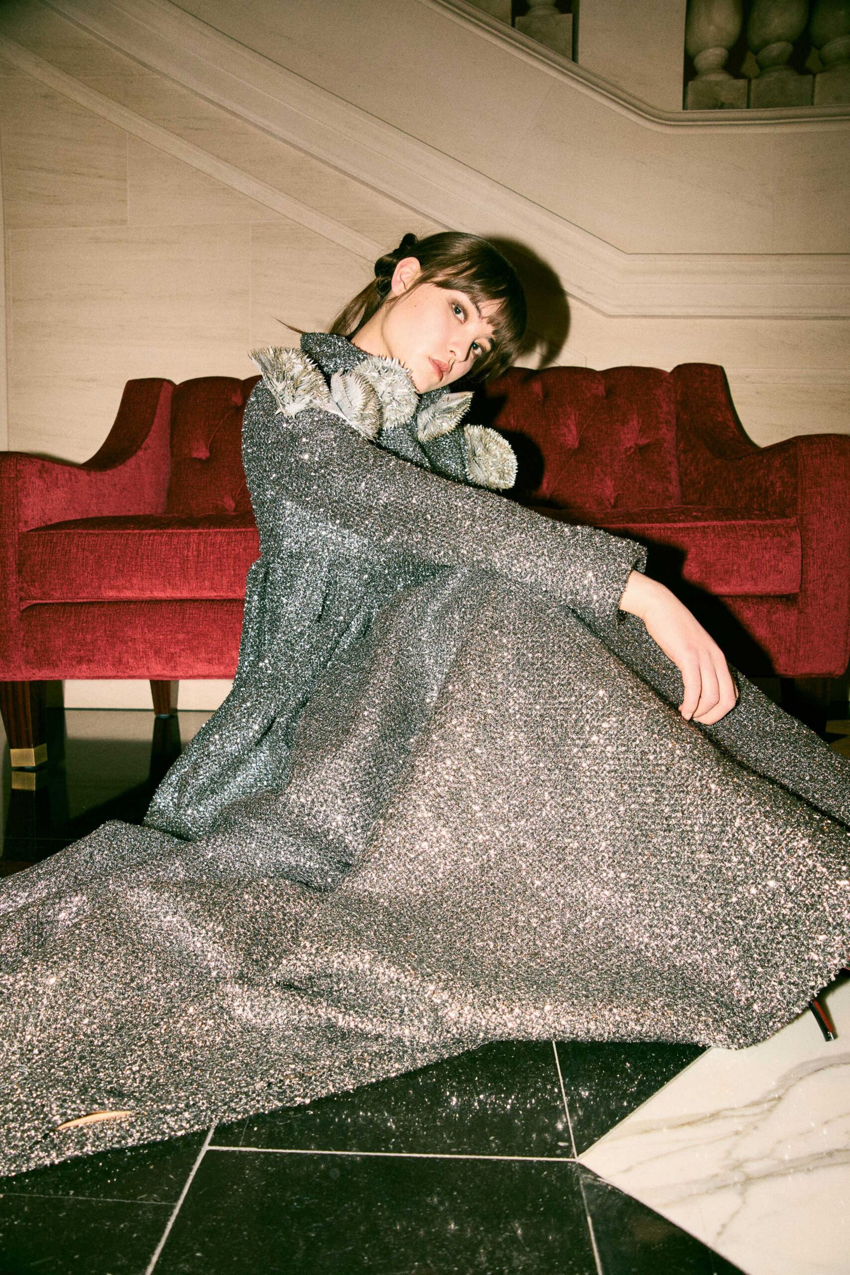 gray sequined long-sleeve gown