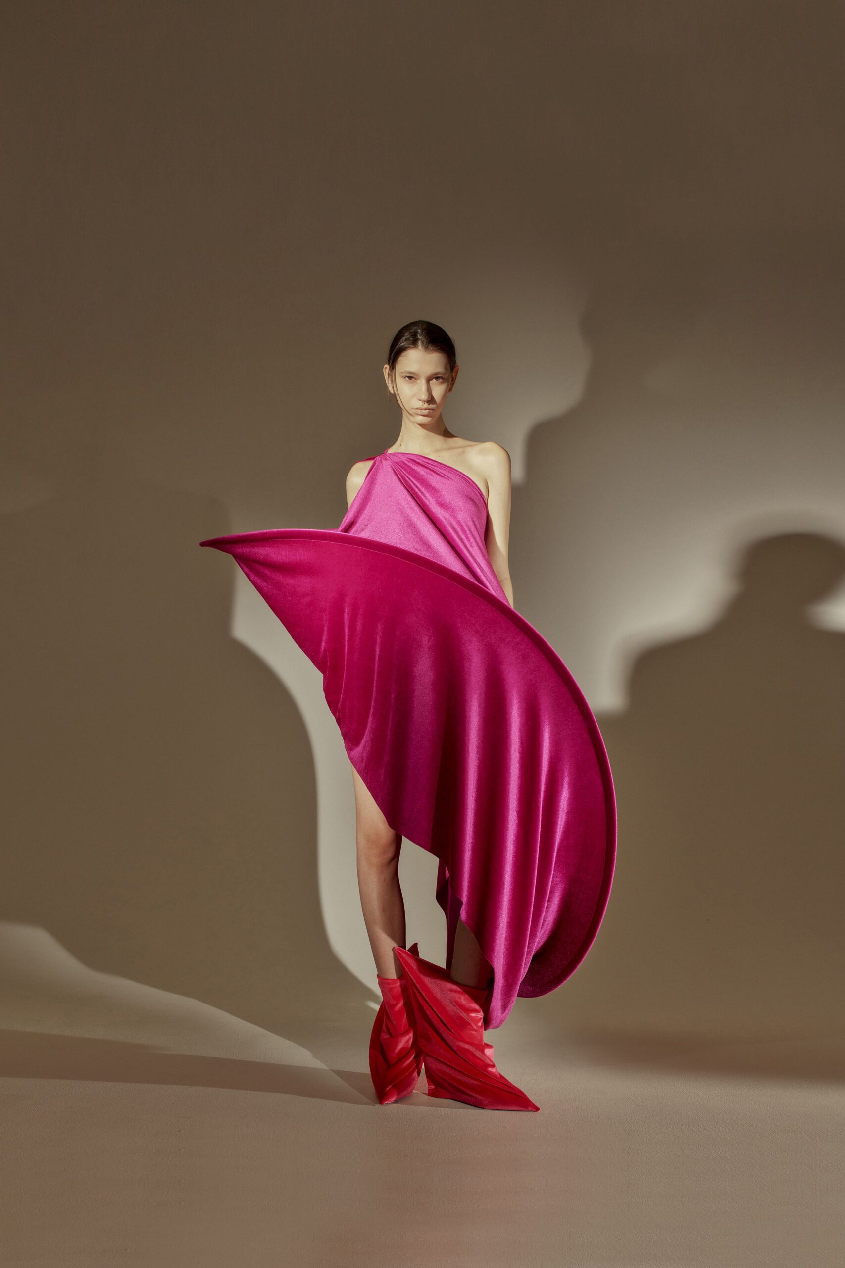 pink velvet sleeveless halter fitted draped flowing dress