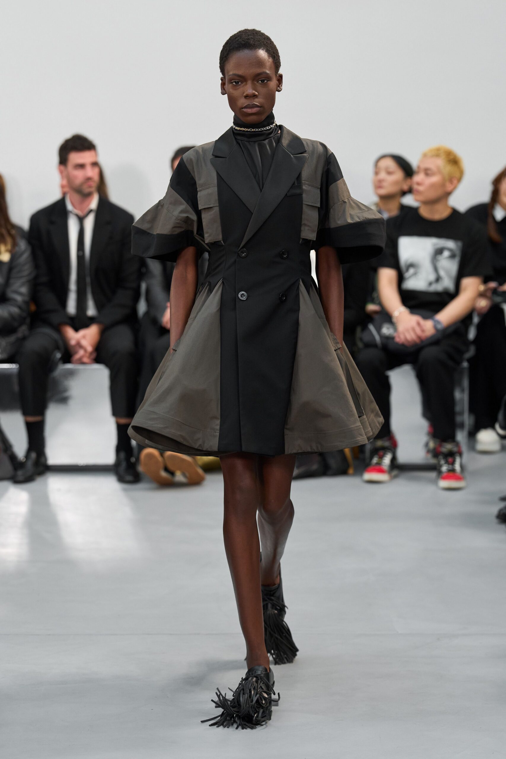 black cotton short-sleeve collared fitted pleated layered dress