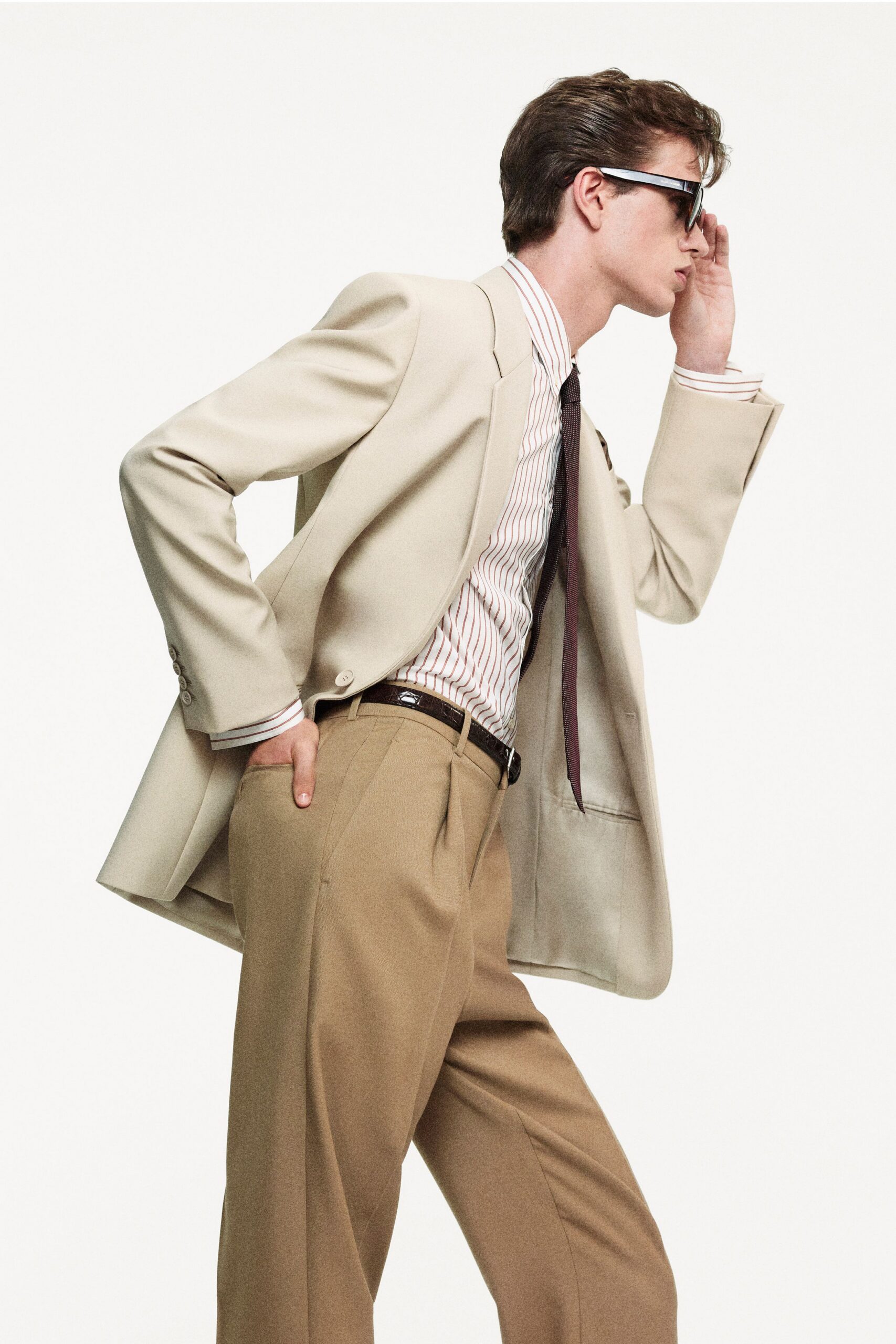 tan tailored straight-leg pants