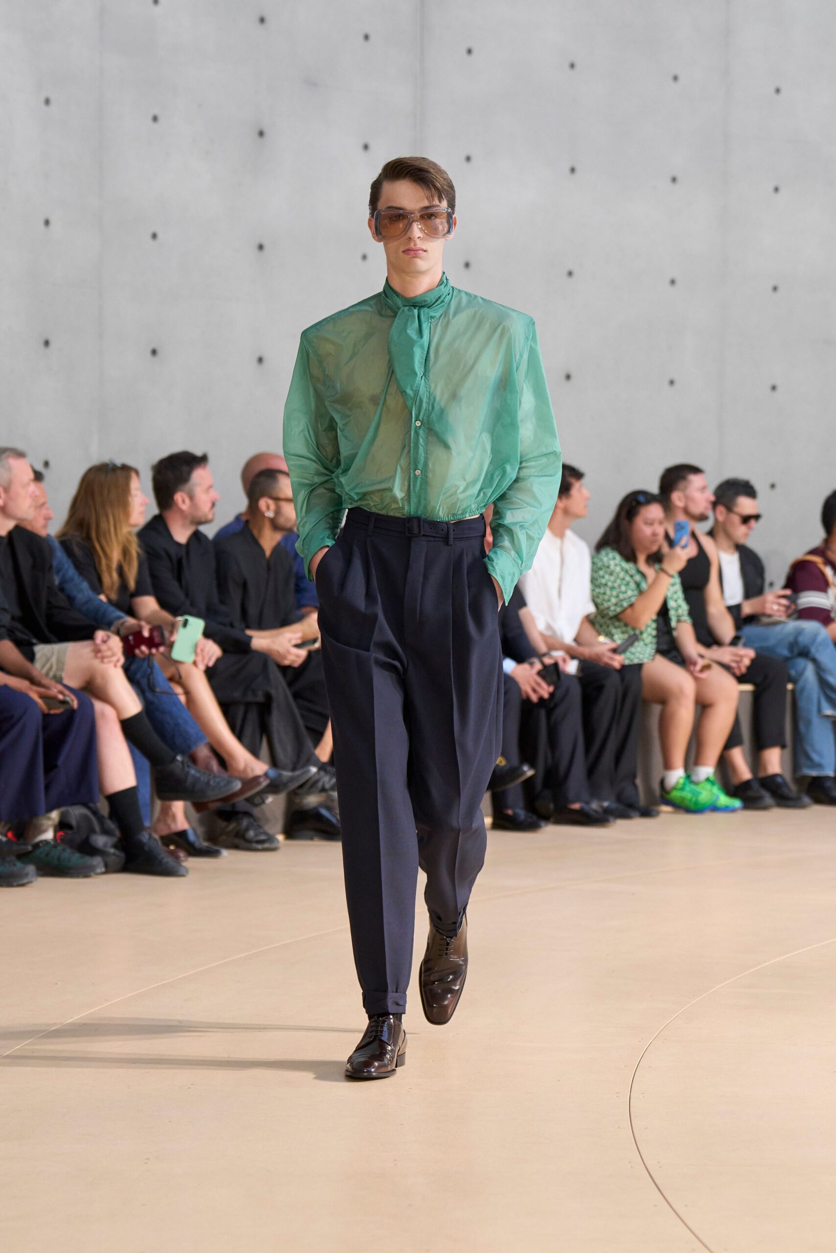 green silk long-sleeve collared relaxed sheer shirt