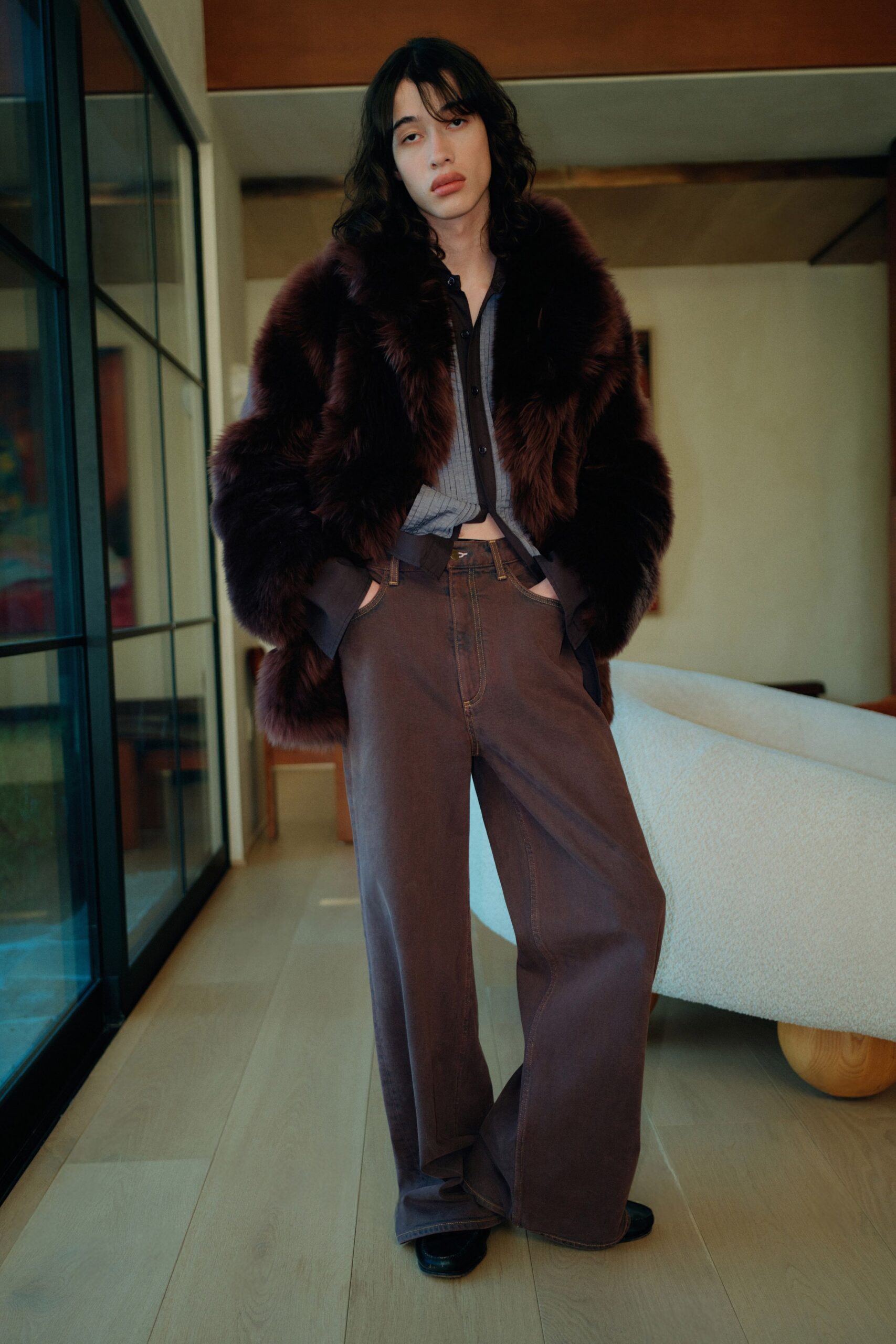 brown faux-fur coat with relaxed shirt and wide-leg pants