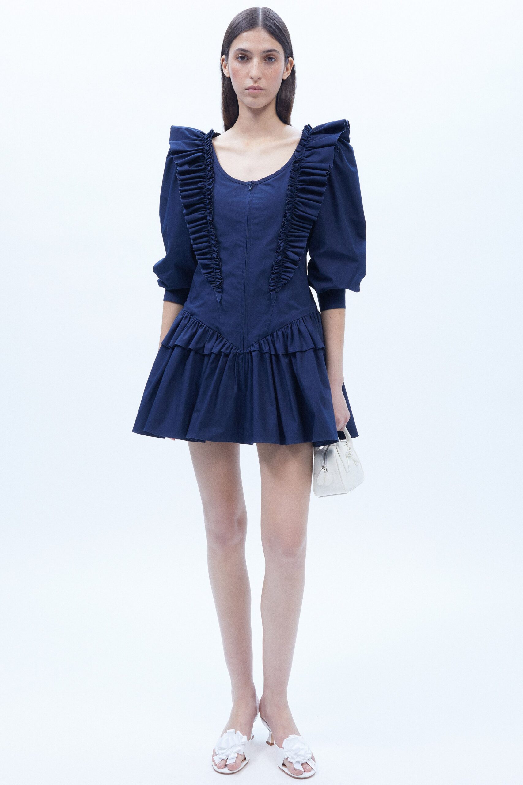 blue cotton sleeveless v-neck fitted ruffled tiered dress
