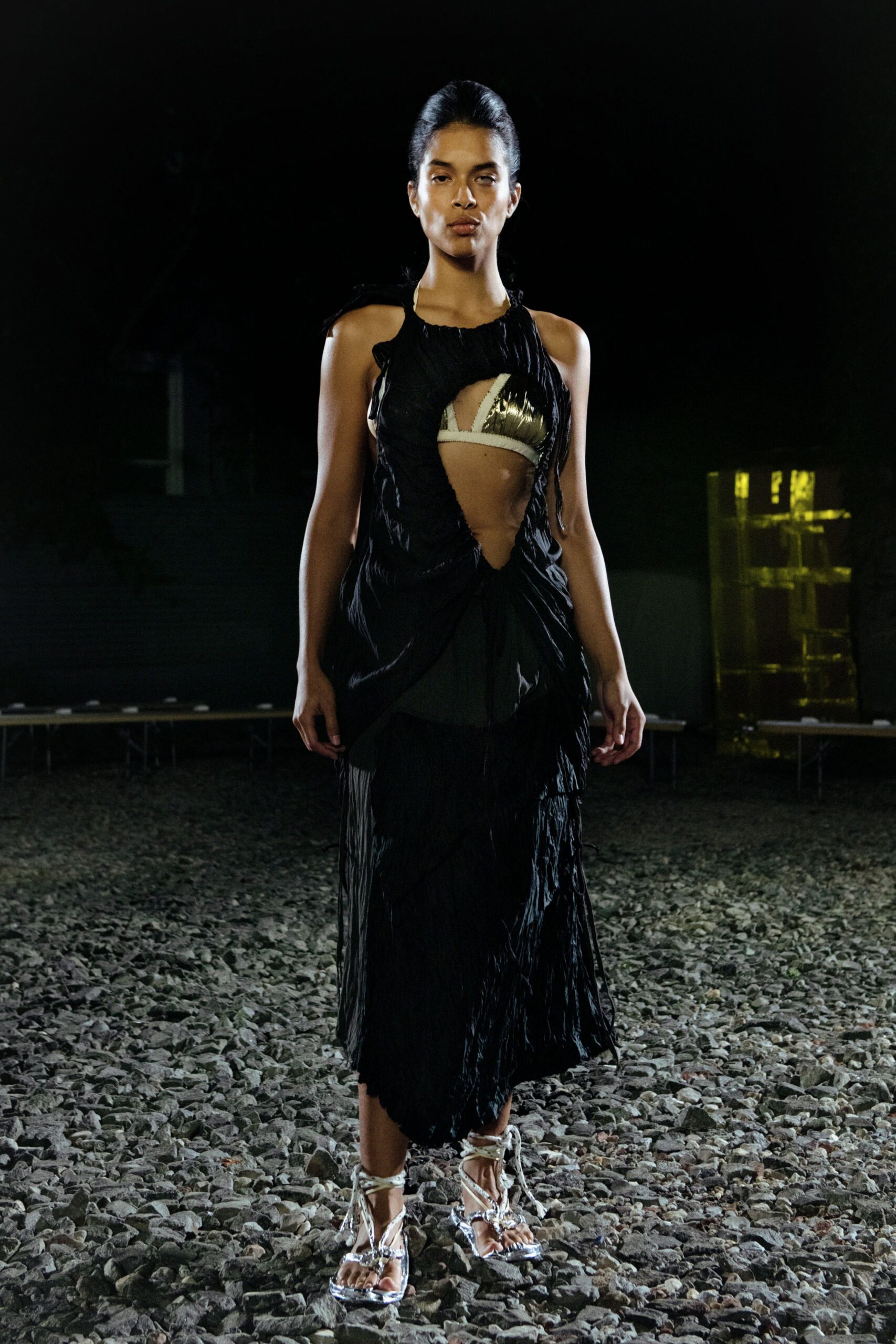 black silk sleeveless v-neck fitted pleated draped dress