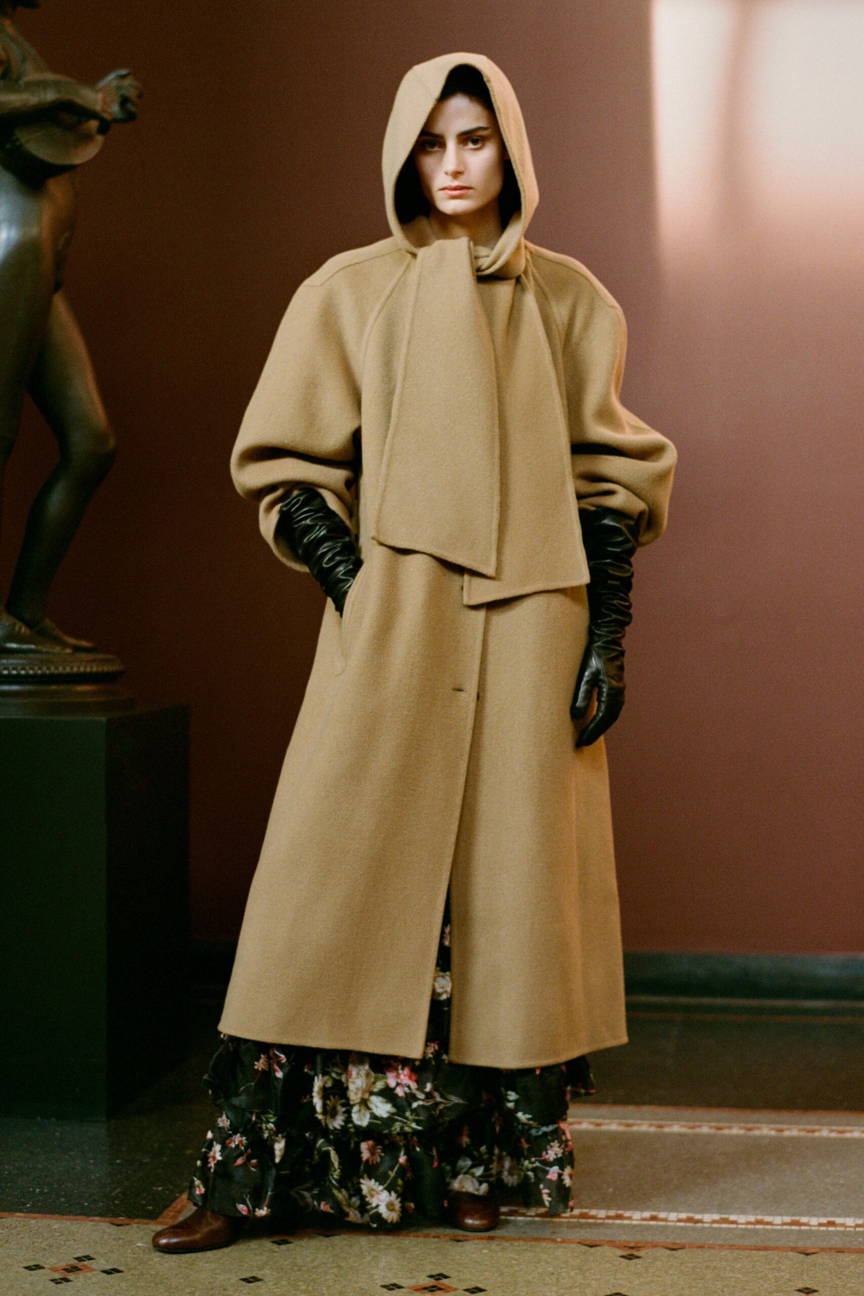 beige wool coat with floral dress