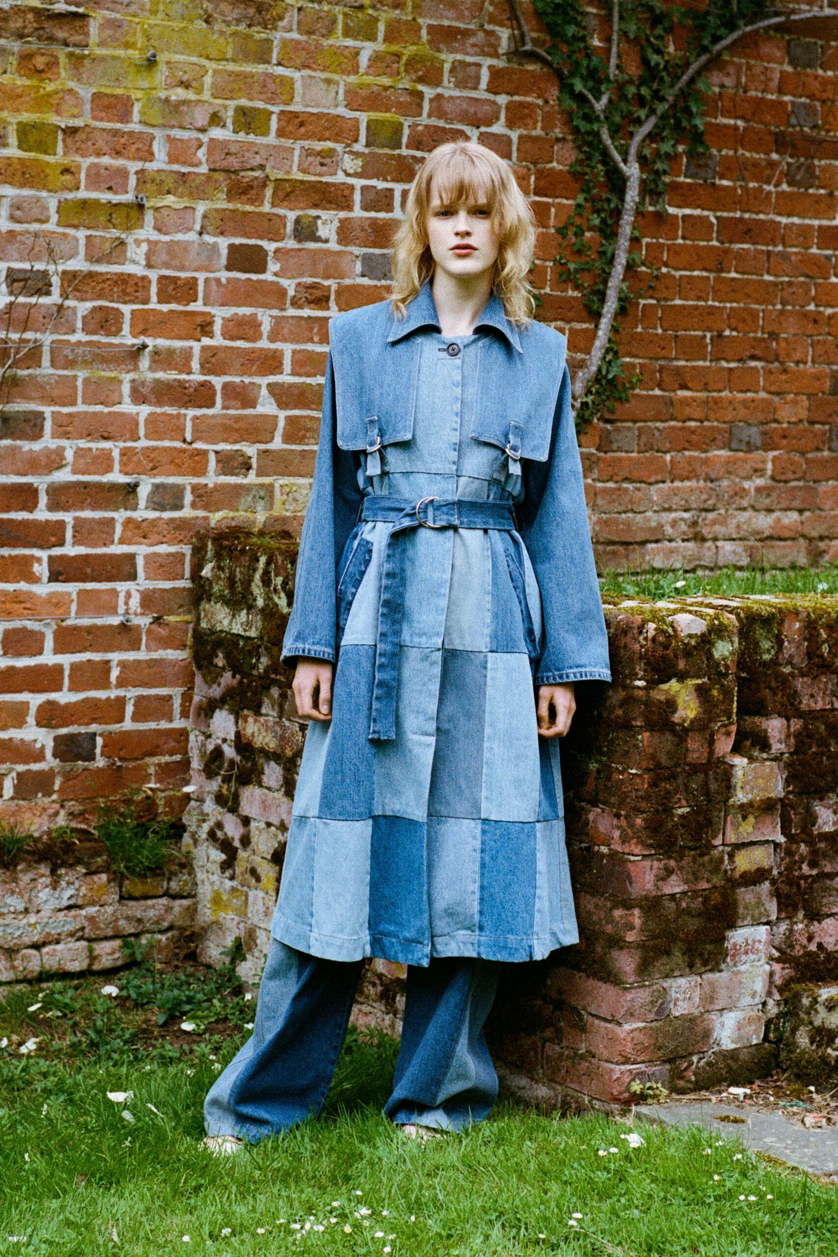 blue denim long-sleeve collared fitted belted patchwork coat