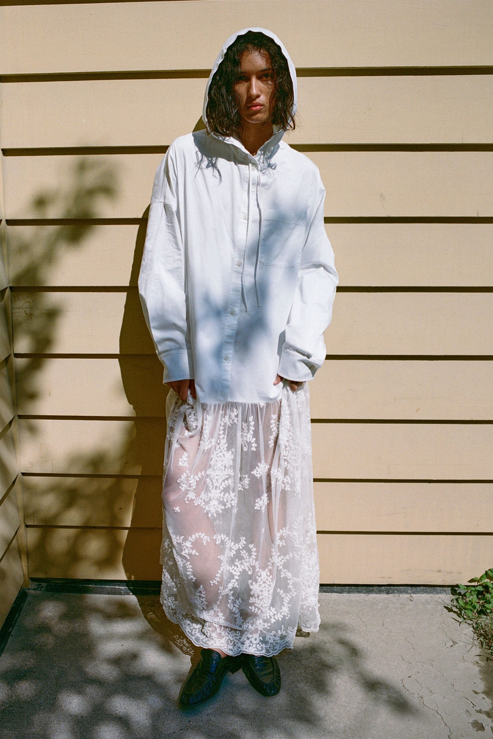 white cotton long-sleeve hooded oversized shirt