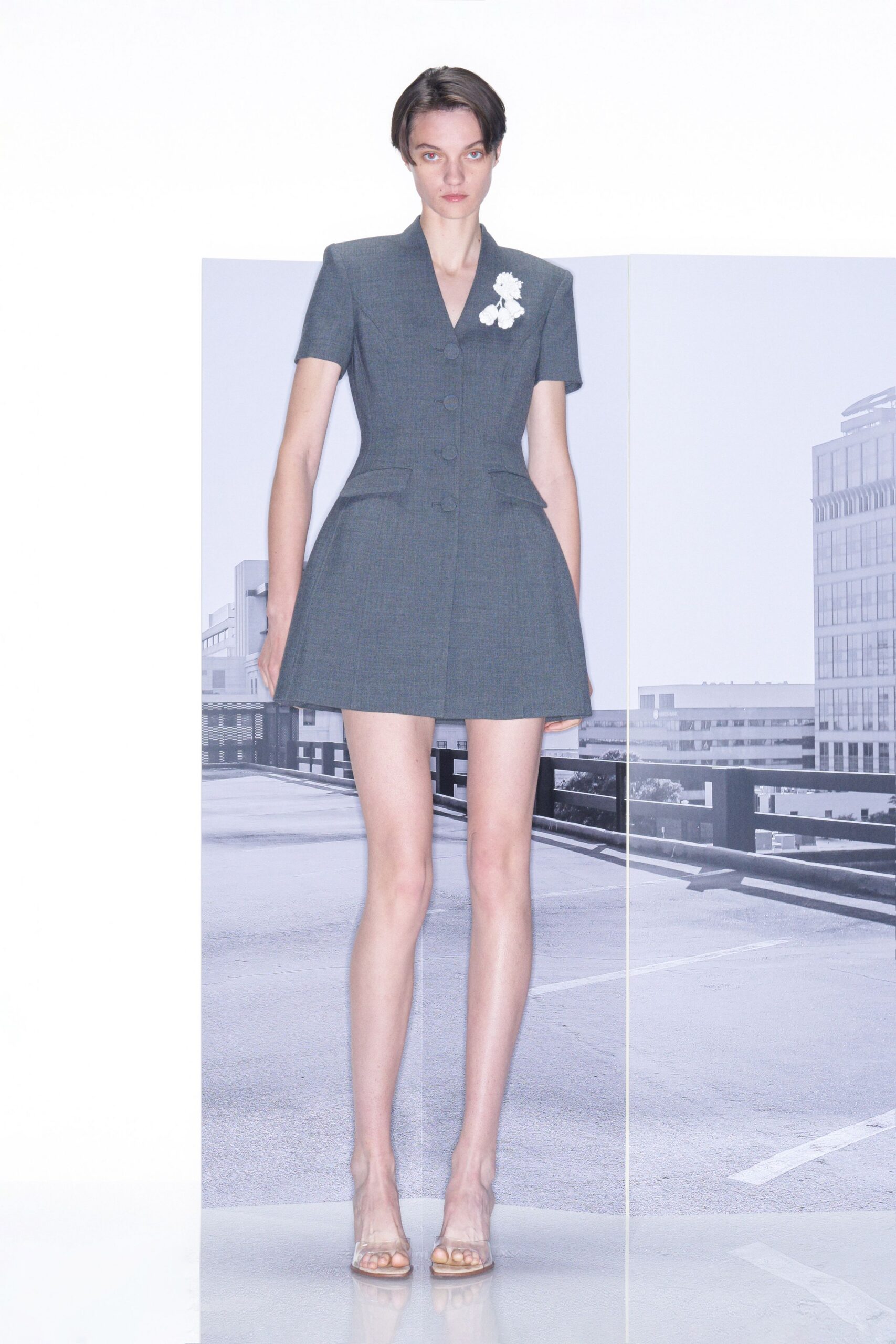 gray cotton short-sleeve collared fitted buttoned a-line dress