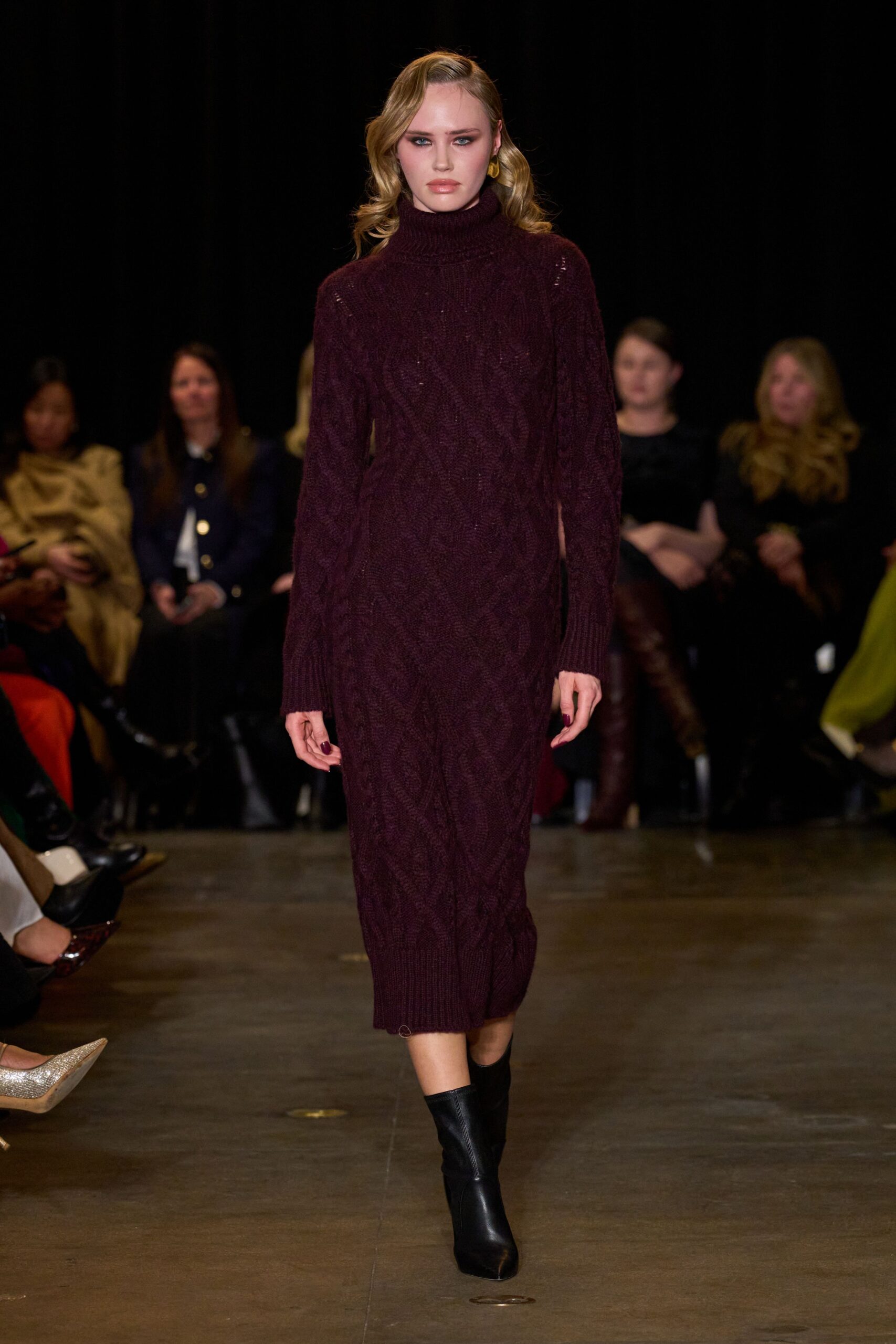 maroon wool midi dress with boots