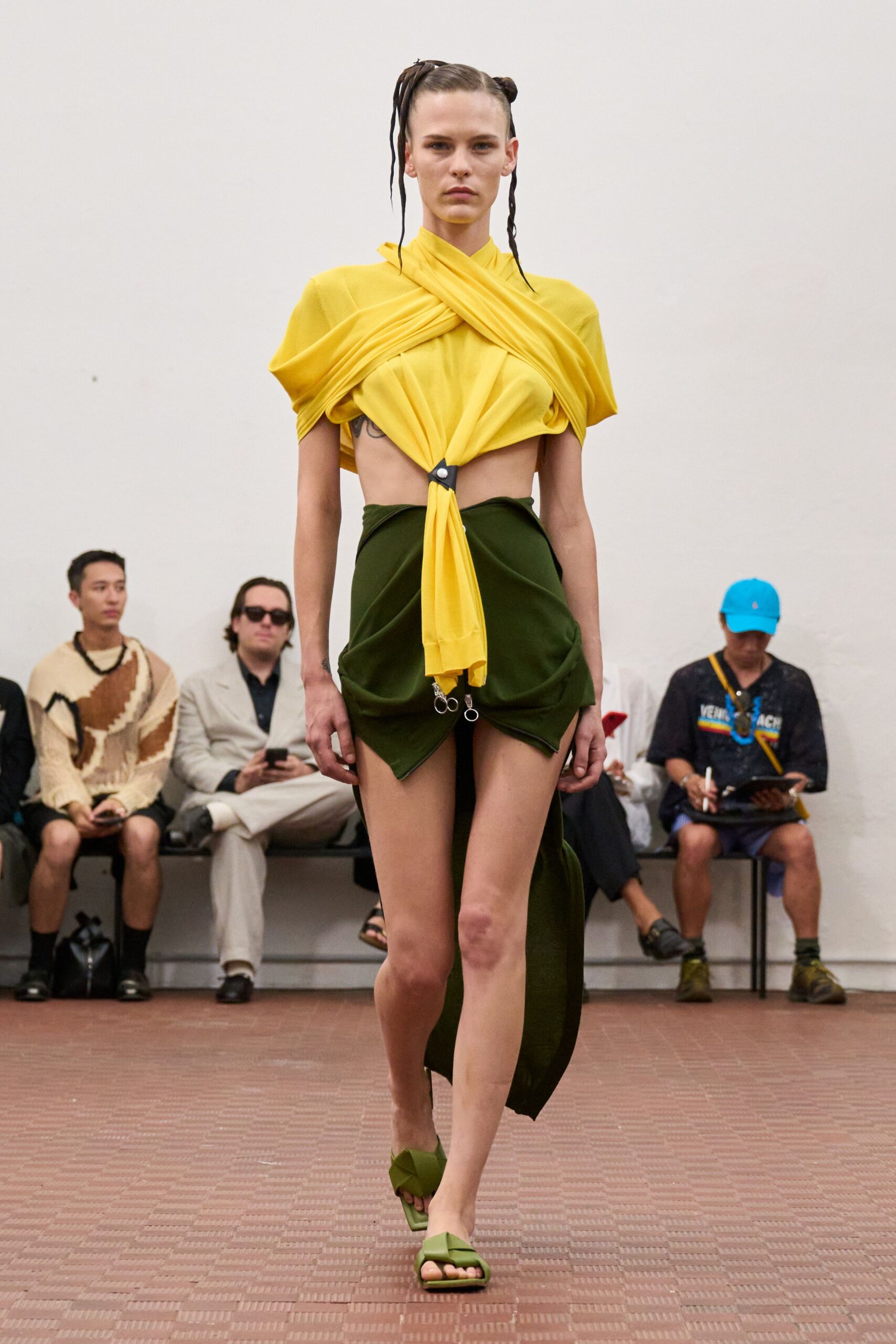 yellow sleeveless v-neck fitted draped top