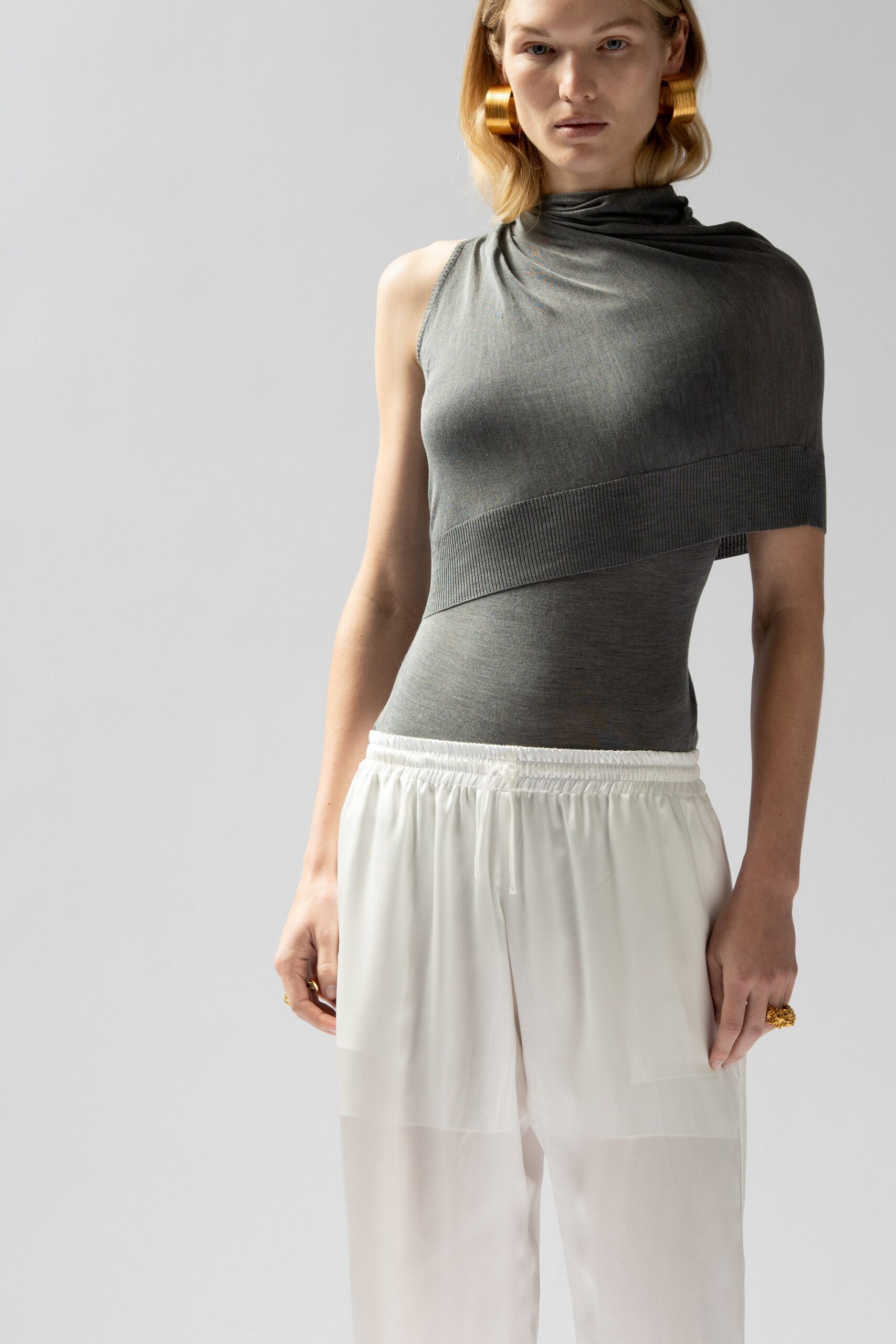 white chiffon relaxed pleated sheer pants
