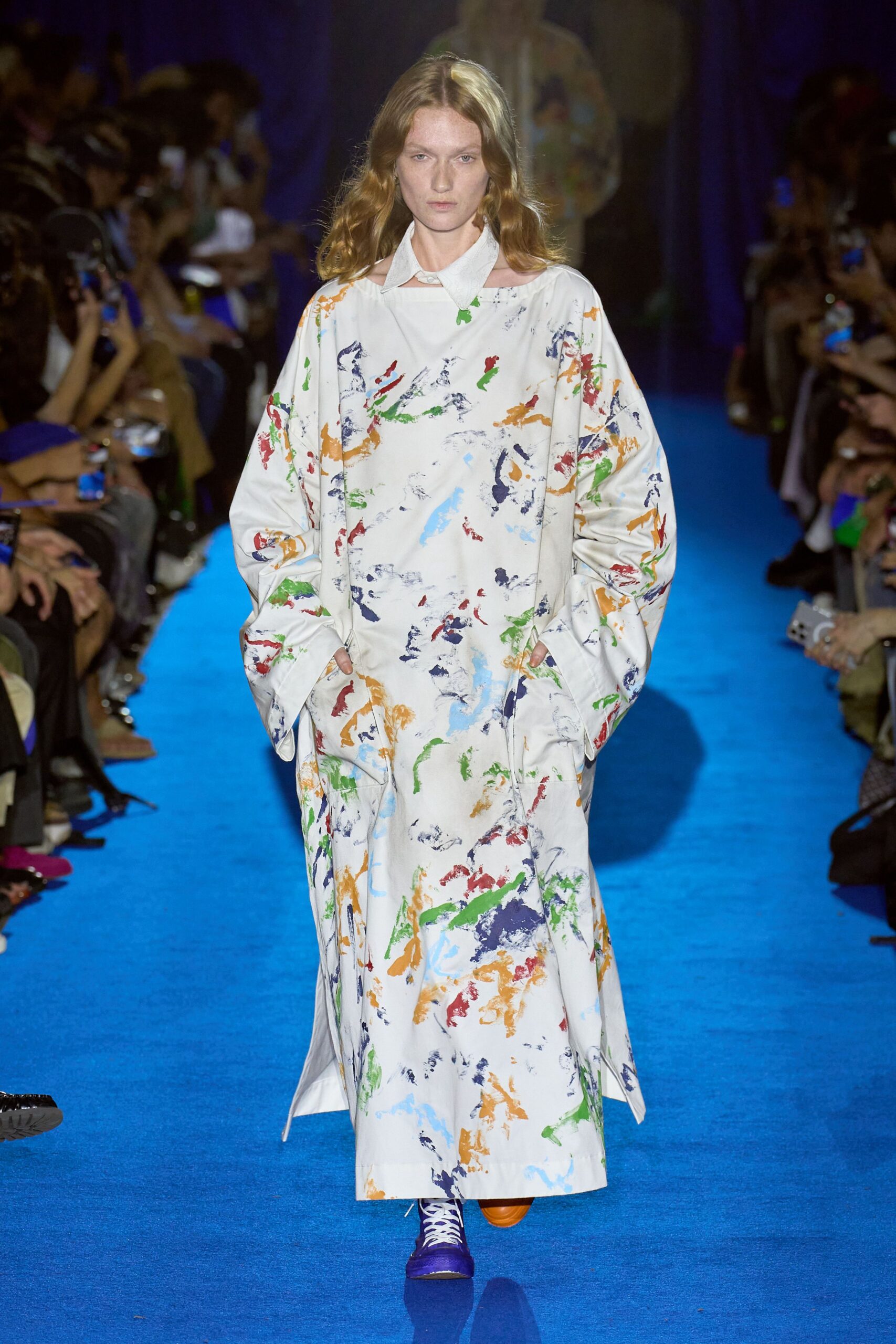 white cotton long-sleeve collared oversized printed maxi dress
