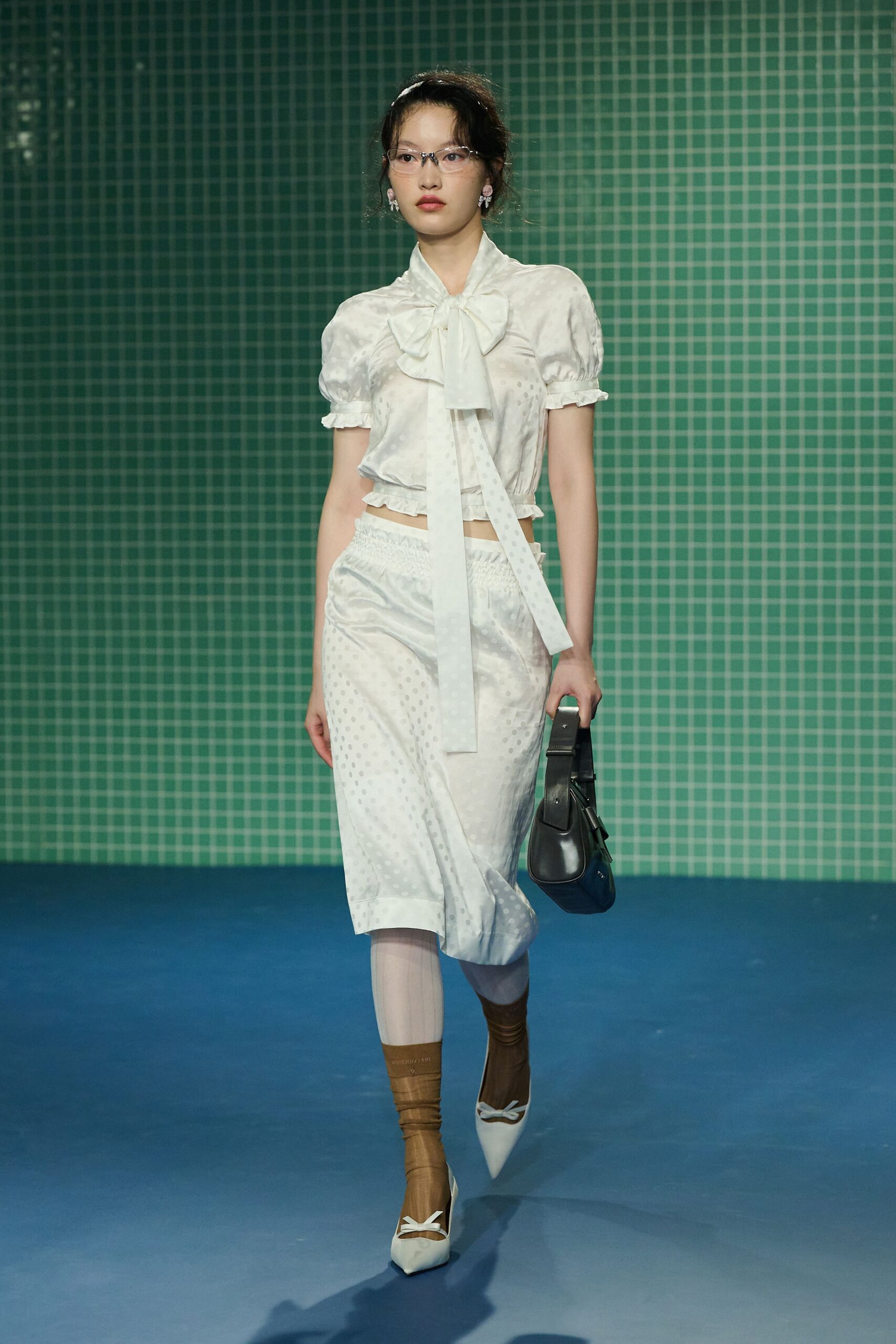white silk short-sleeve collared fitted ruffled top