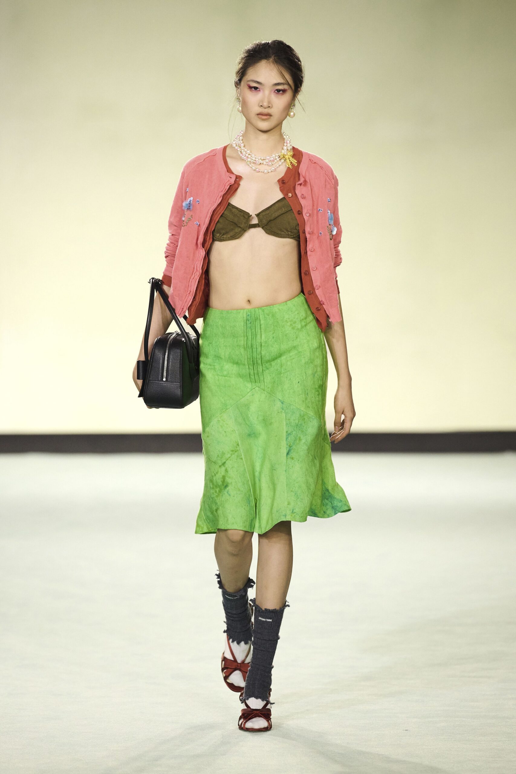green fitted flared midi skirt
