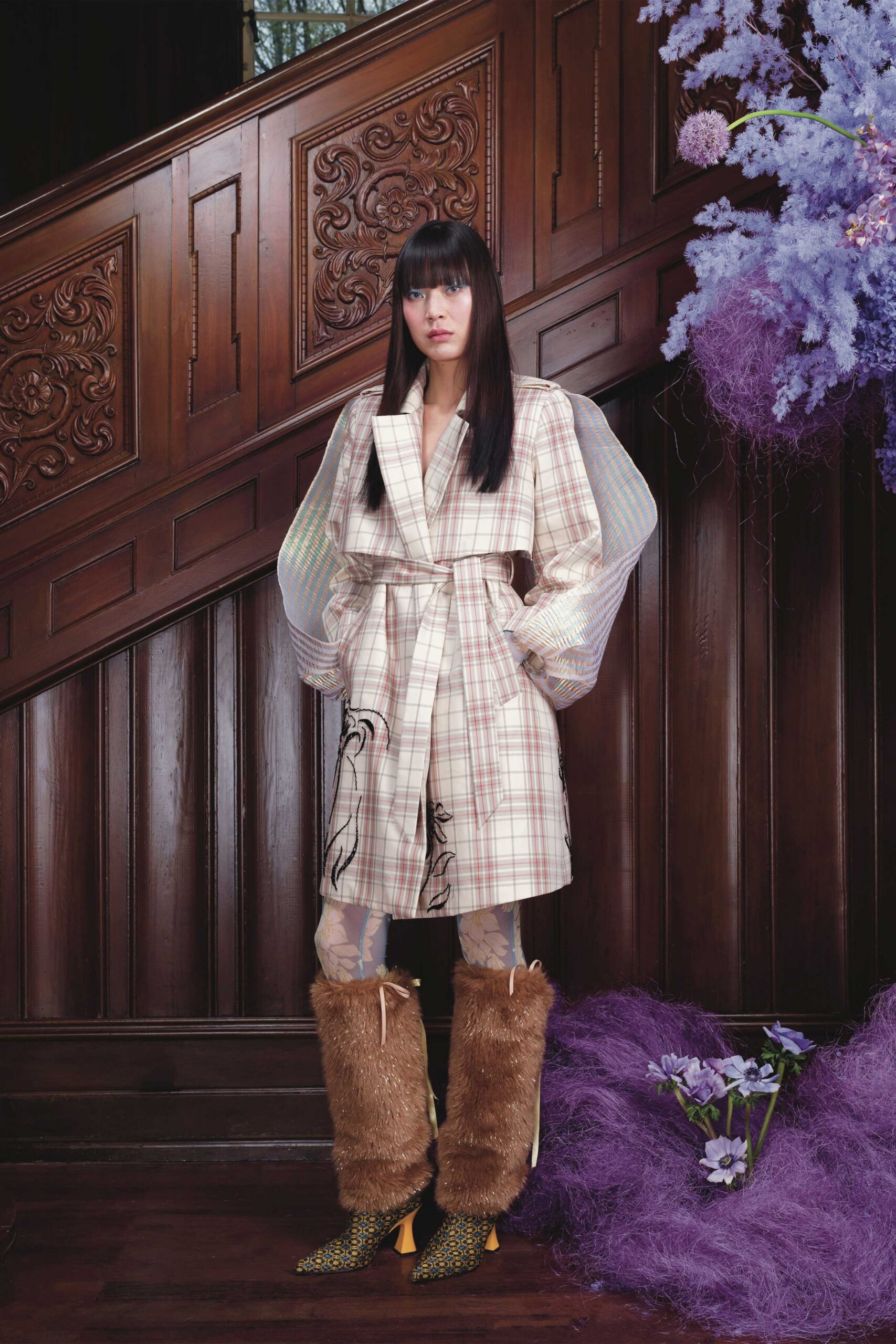 beige cotton long-sleeve collared fitted checked belted coat