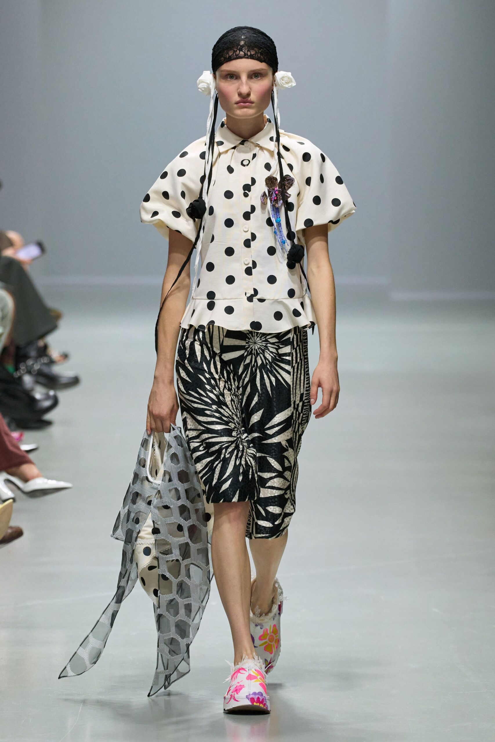 polka-dot top and flared skirt