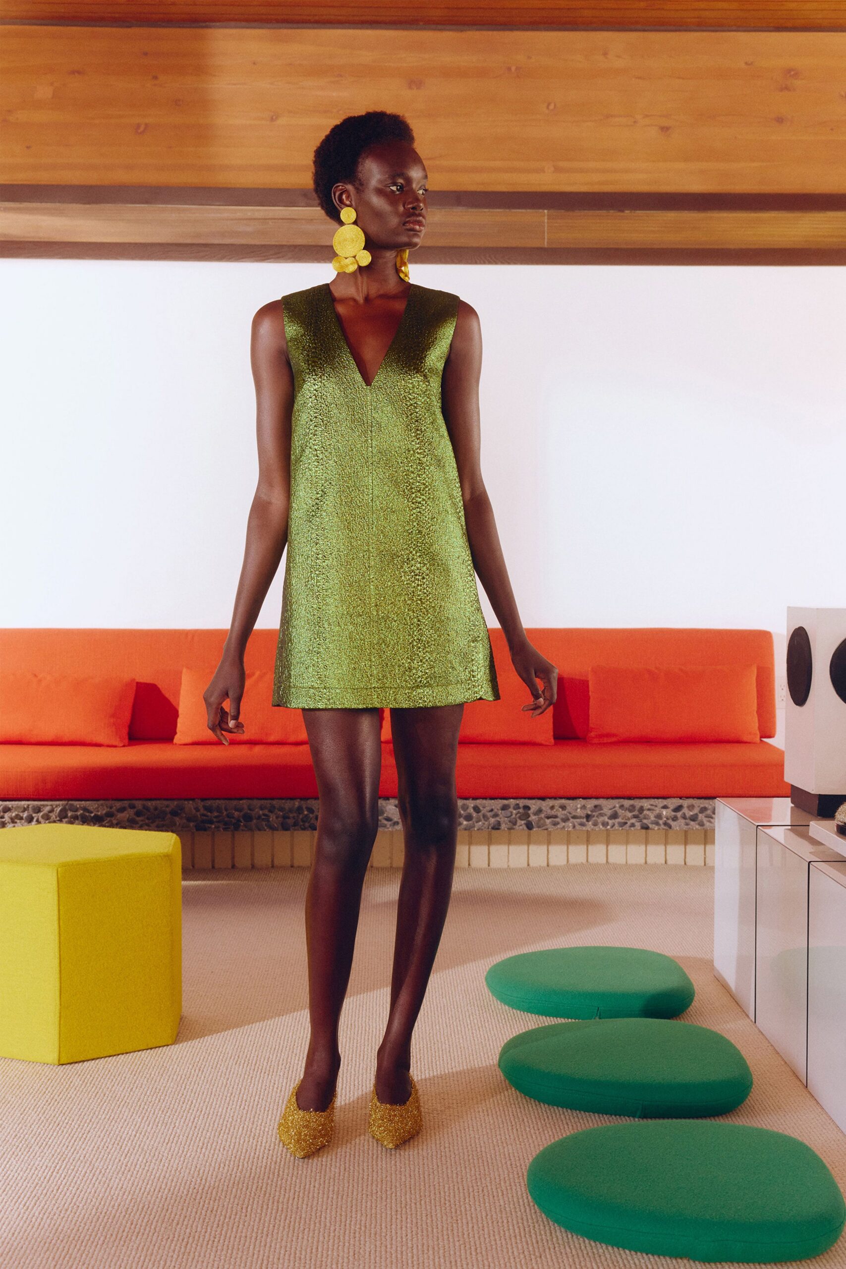 green silk sleeveless v-neck fitted textured mini mini-dress