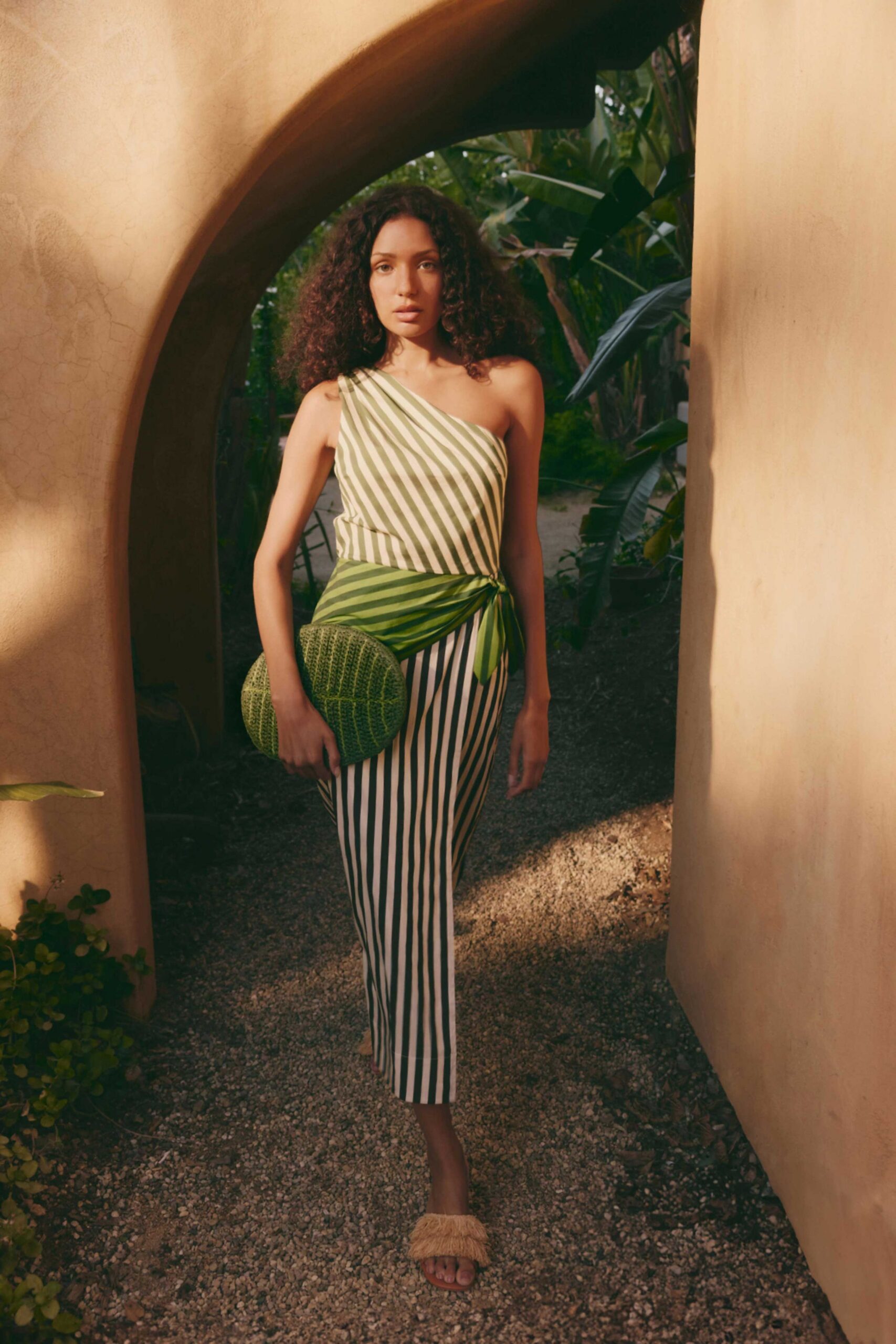 white cotton sleeveless asymmetric fitted striped draped dress