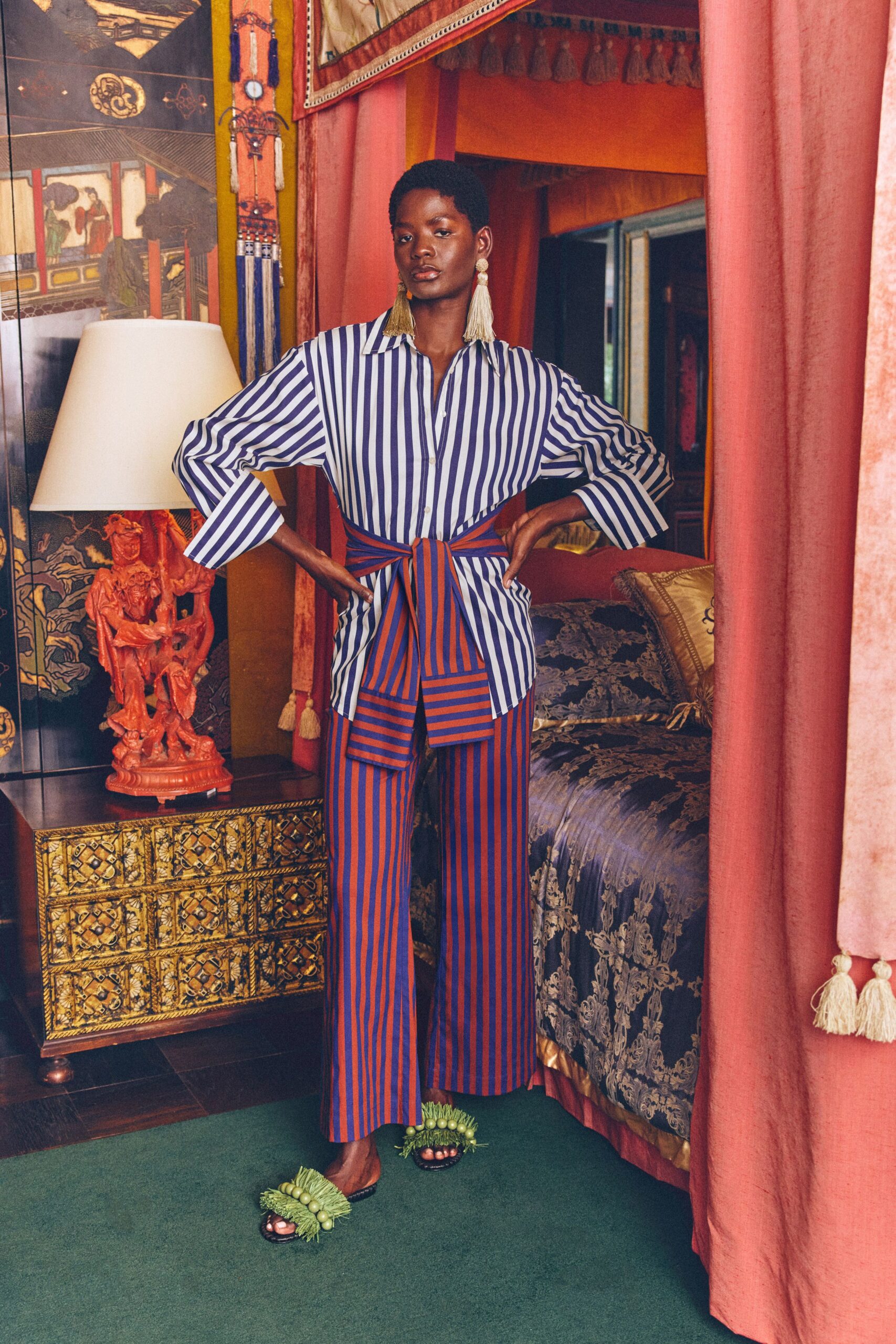 red cotton relaxed striped wide-leg pants