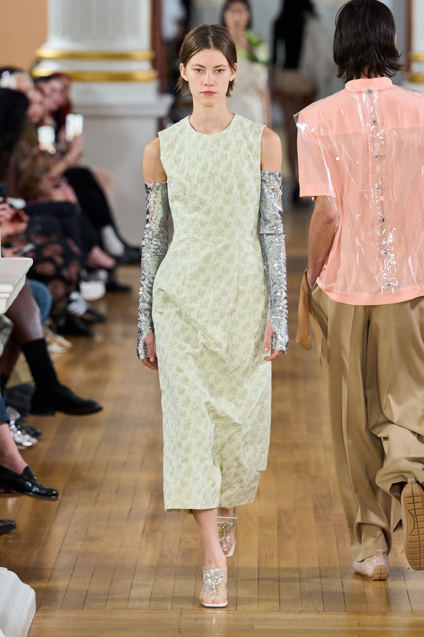 green cotton sleeveless high-neck fitted floral ruched dress