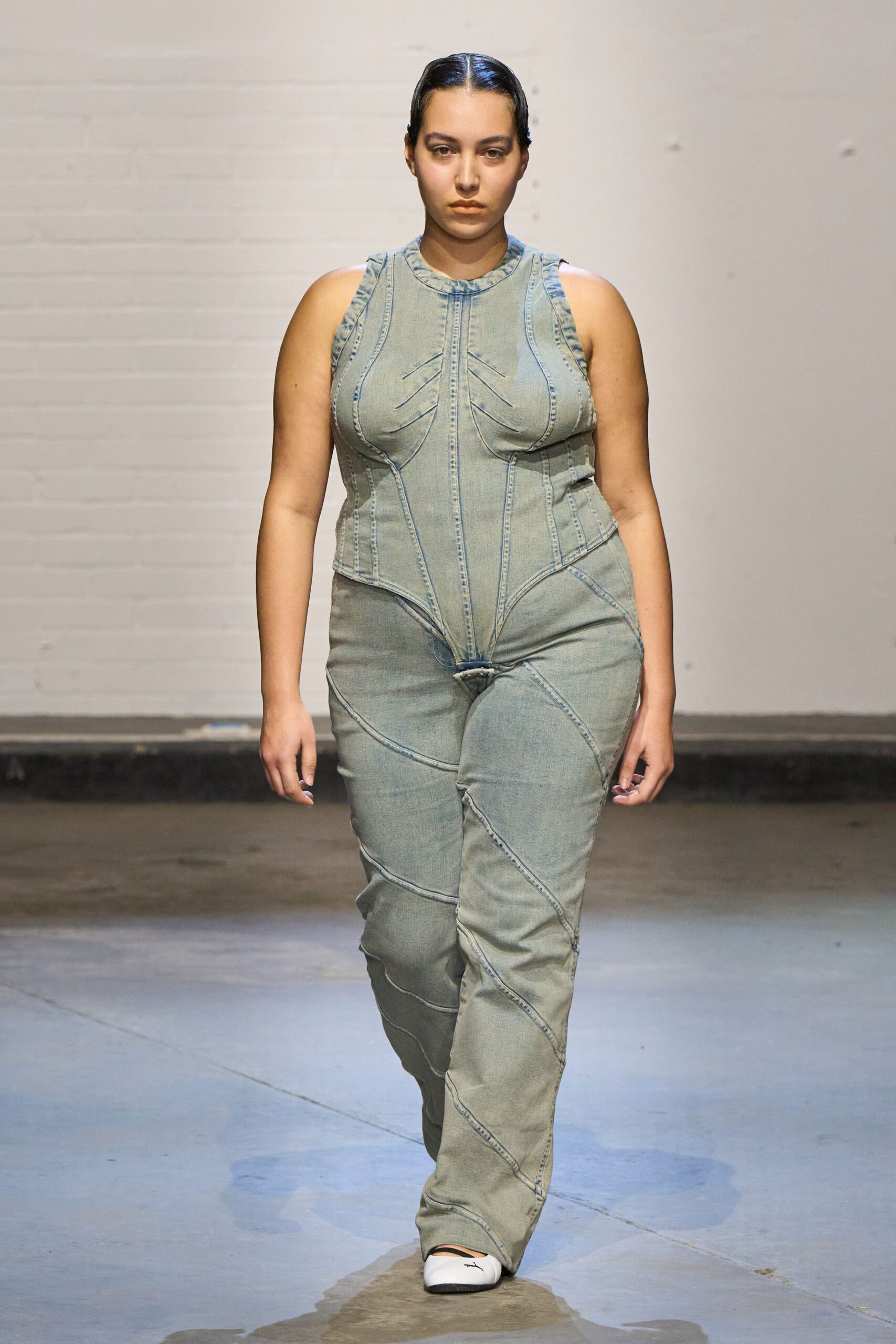 blue denim sleeveless fitted zippered jumpsuit