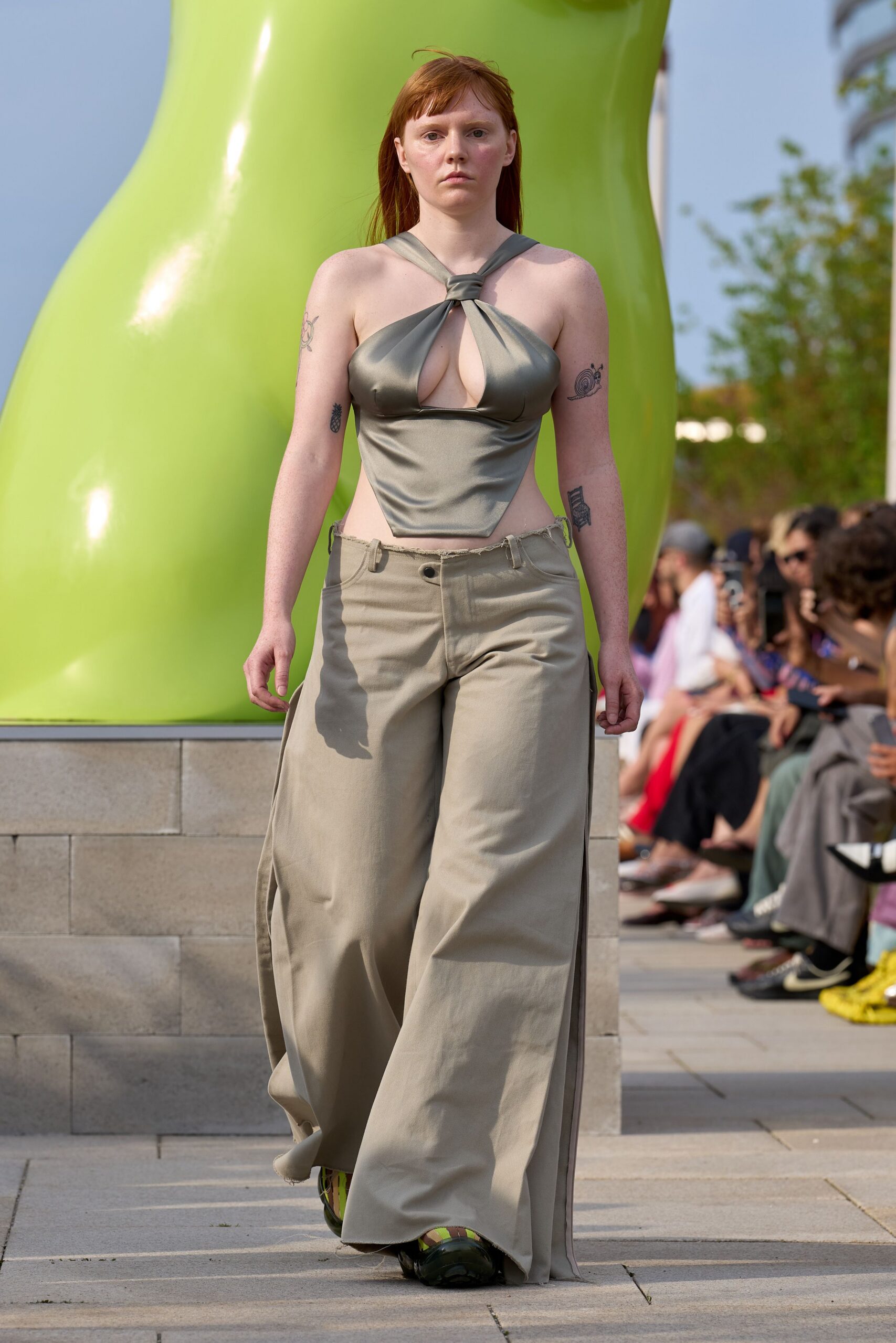 gray halter top beige wide-leg pants