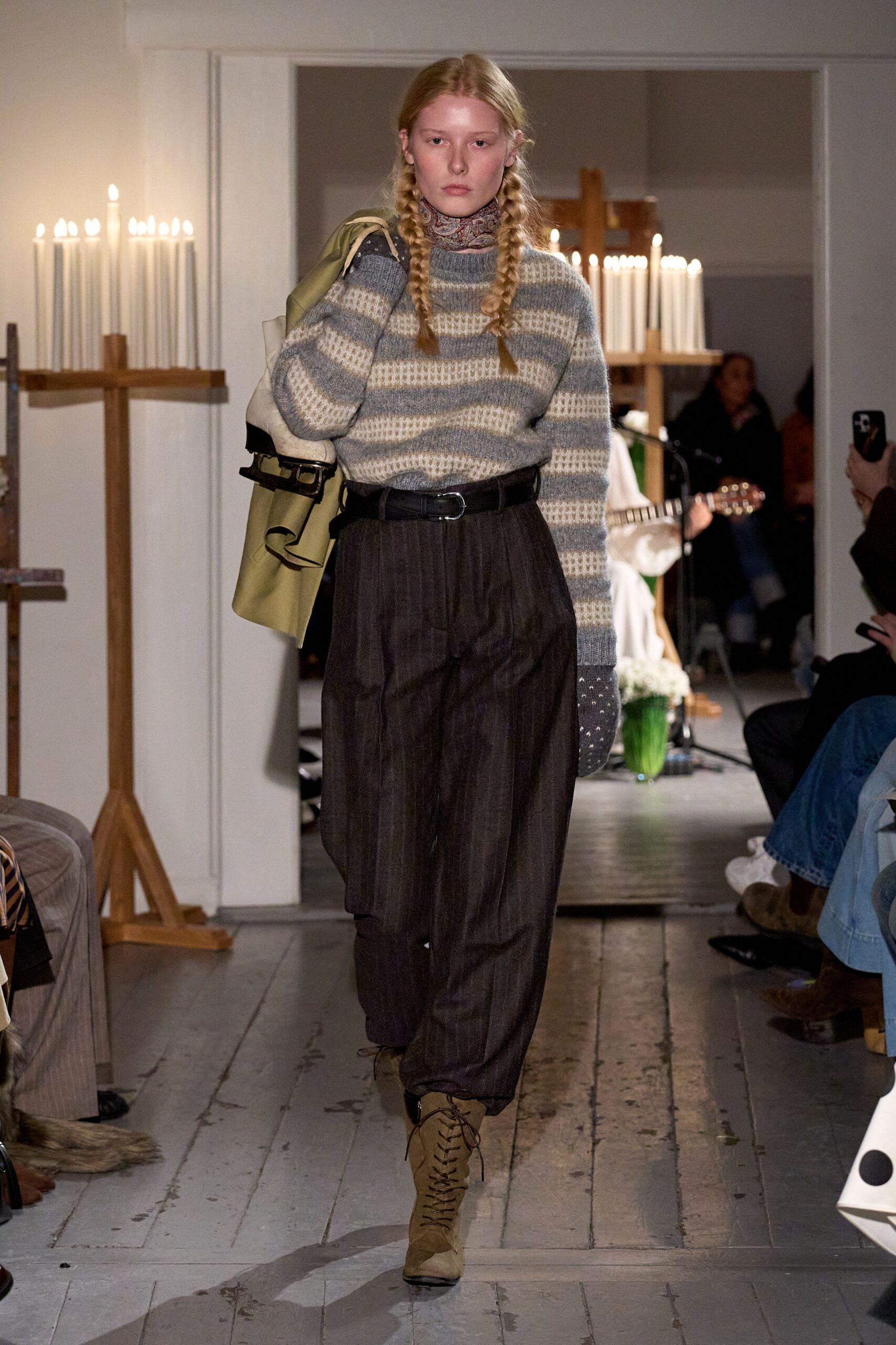 gray striped sweater with relaxed pants