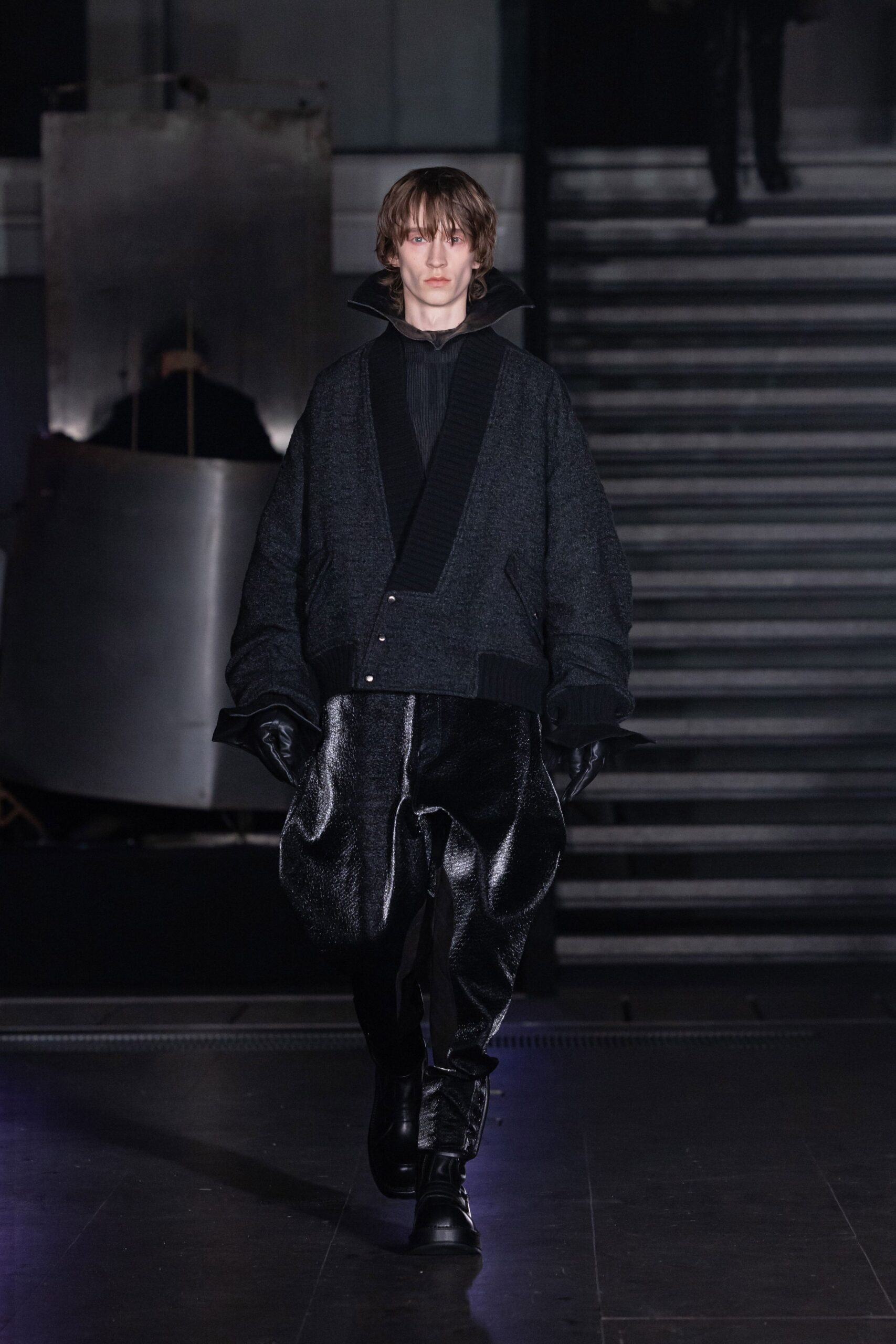 black vinyl relaxed wide-leg shiny pants