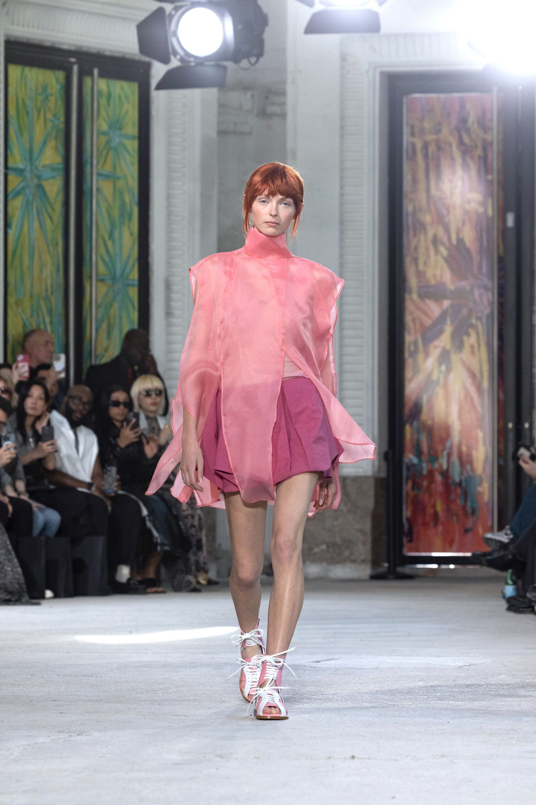 pink chiffon sleeveless high-neck fitted layered flowing dress