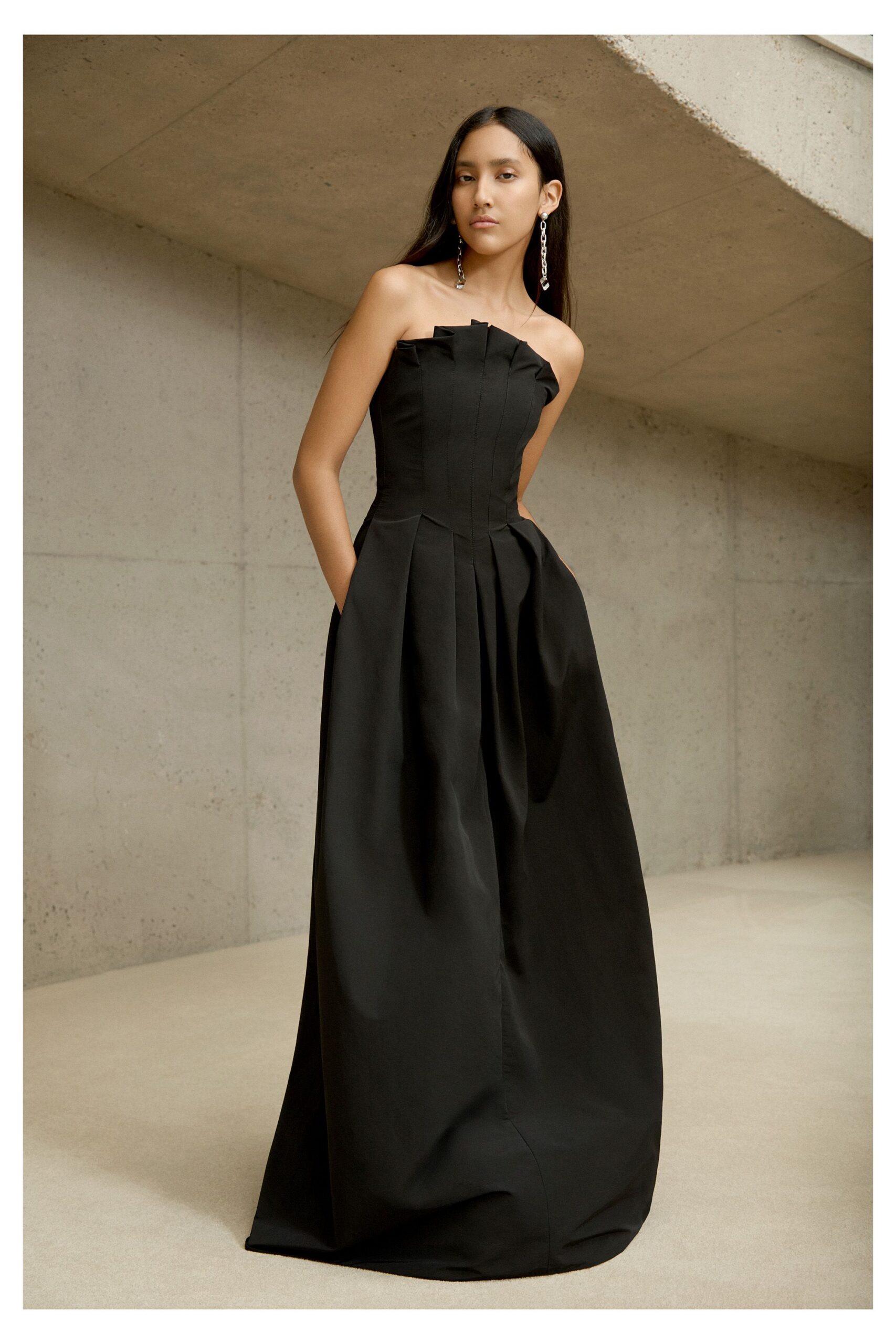 black strapless pleated gown
