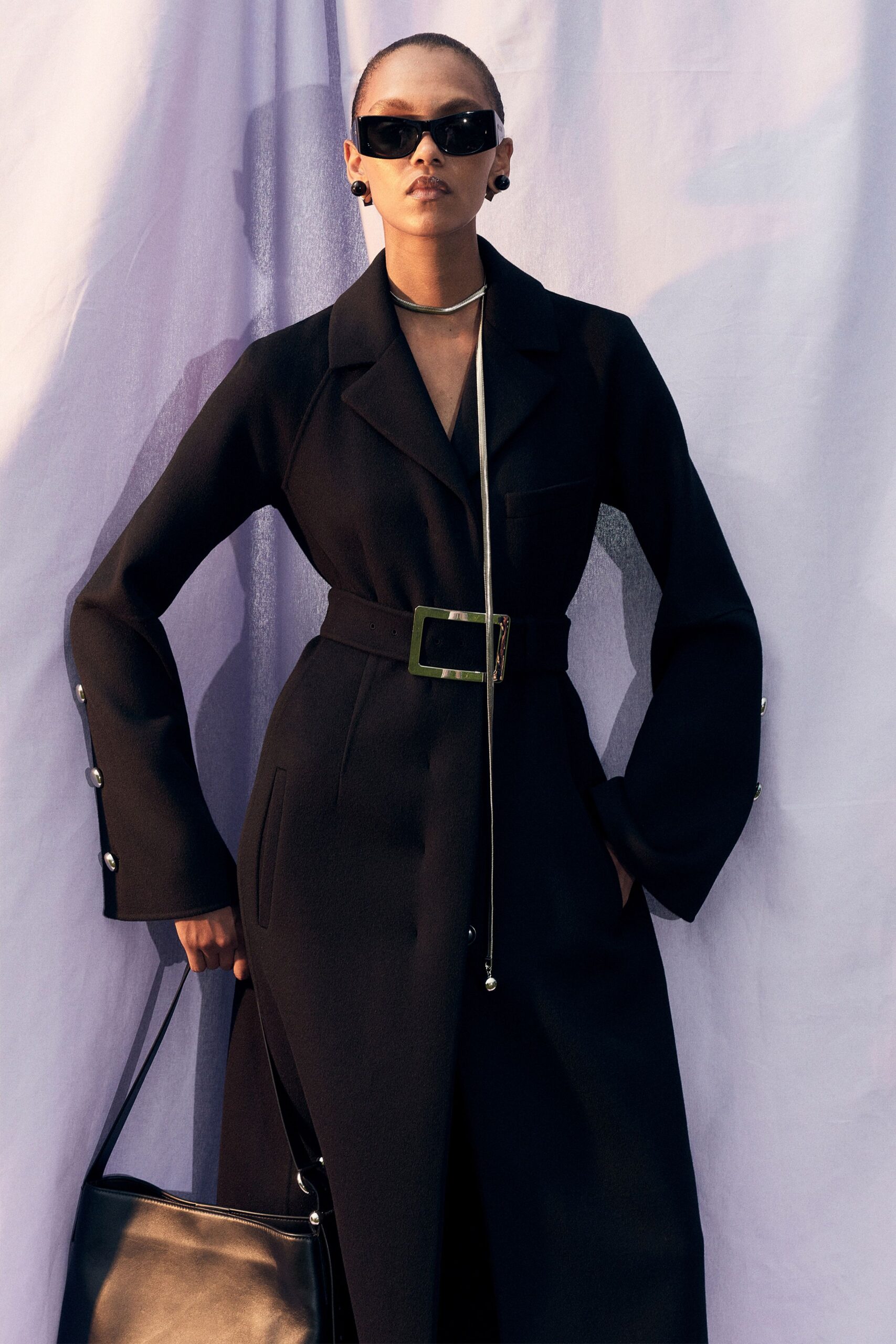 black wool long-sleeve collared fitted belted maxi coat